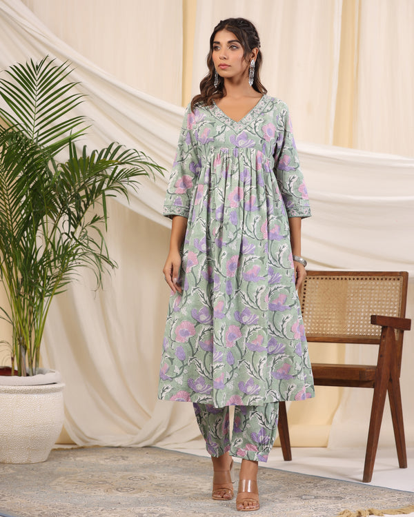 Sadabahaar Sea Green & Pink Jaal Handblock Printed Cotton Kurta Pant Set