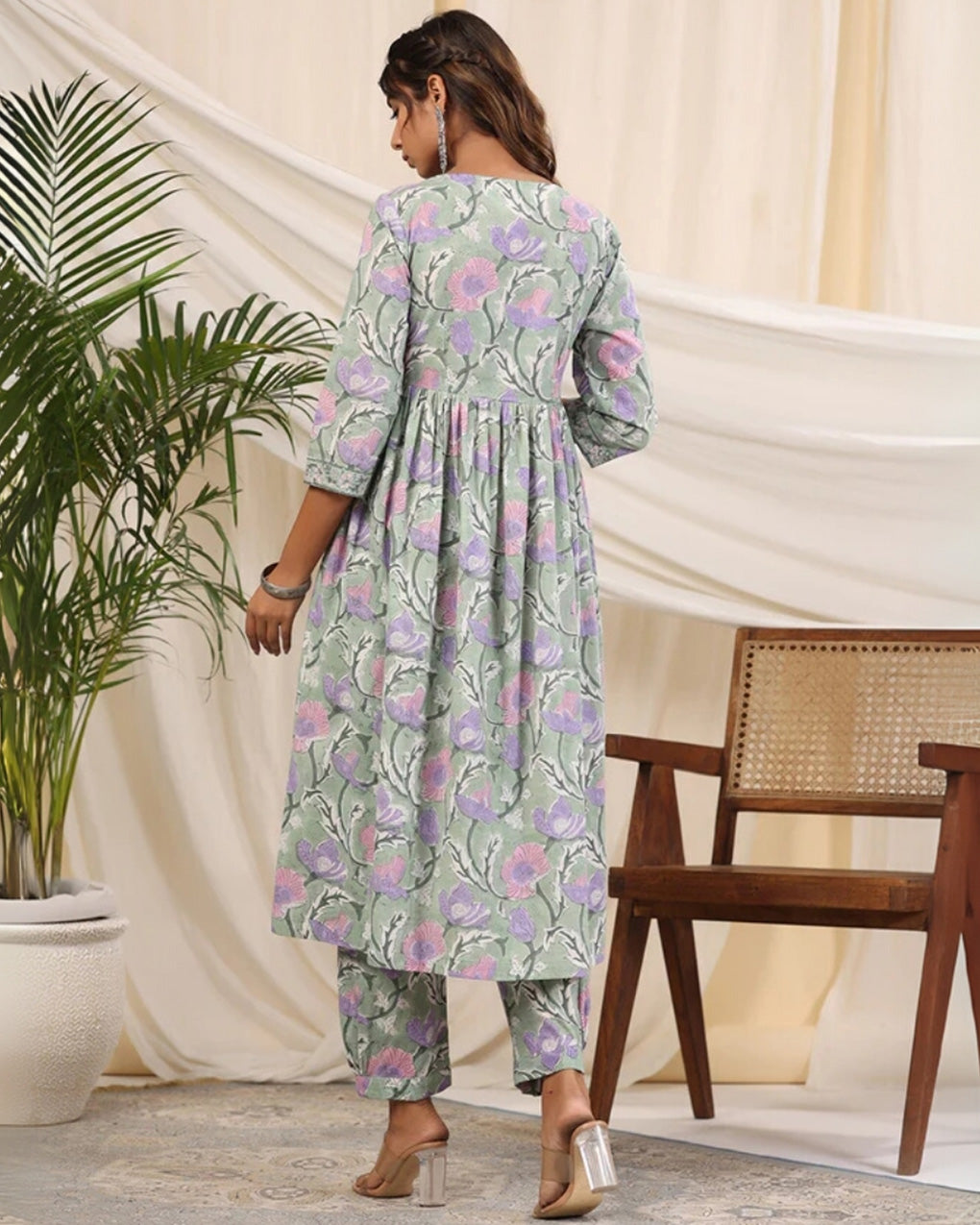 Sadabahaar Sea Green & Pink Jaal Handblock Printed Cotton Kurta Pant Set
