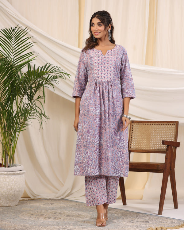 Sadabahaar Mauve & Purple Jaal Handblock Printed Cotton Kurta Pant Set