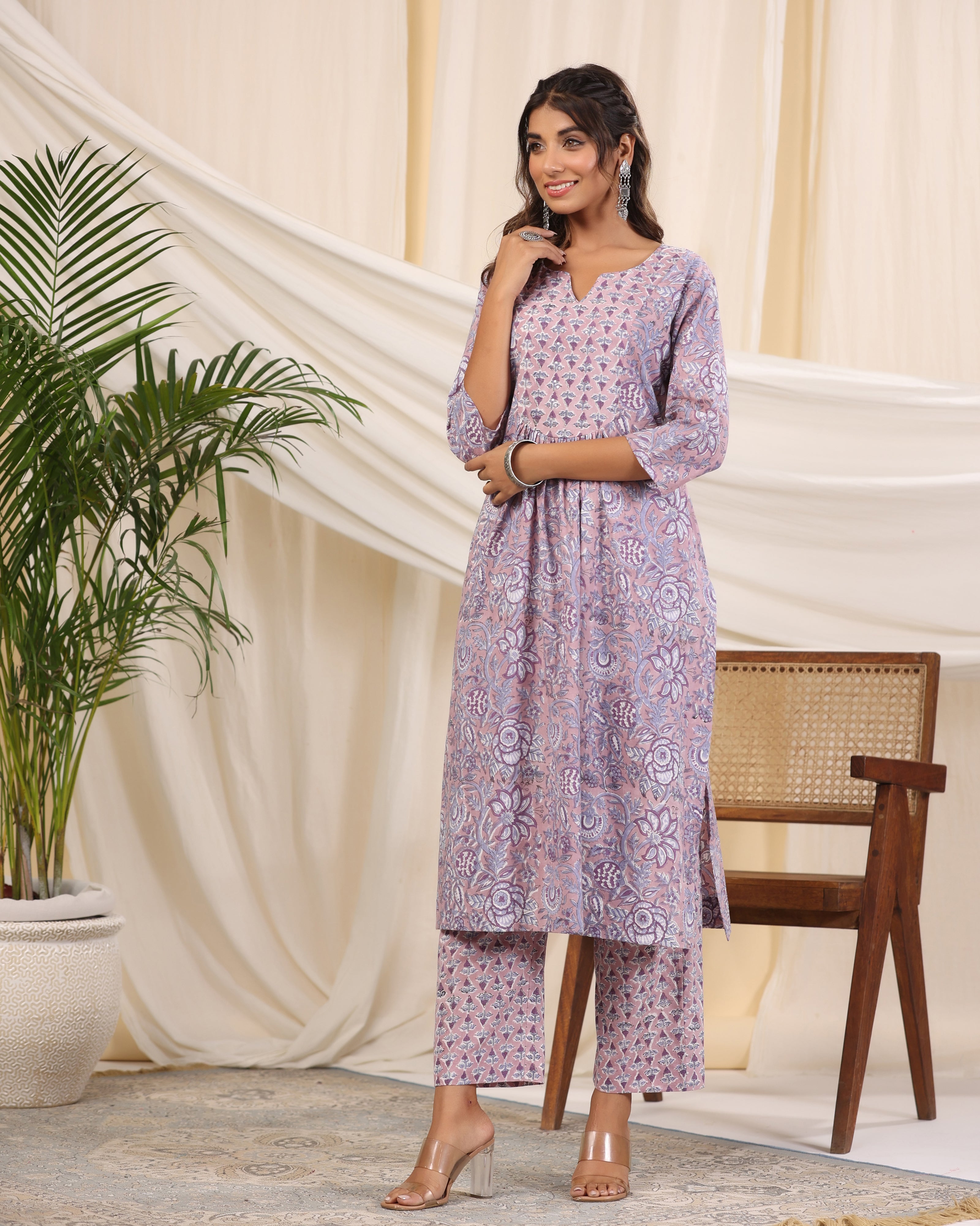 Sadabahaar Mauve & Purple Jaal Handblock Printed Cotton Kurta Pant Set