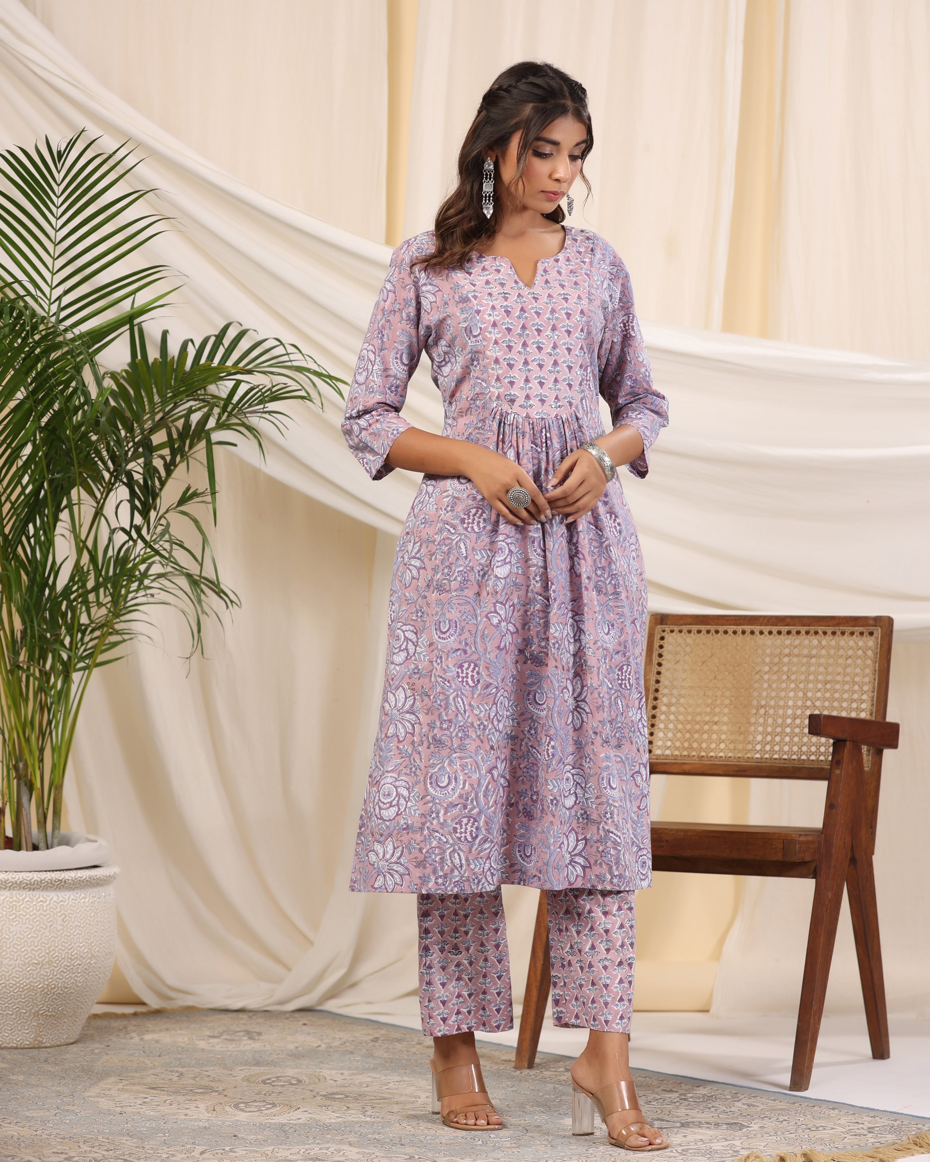 Mauve & Purple Jaal Handblock Printed Cotton Kurta Pant Set