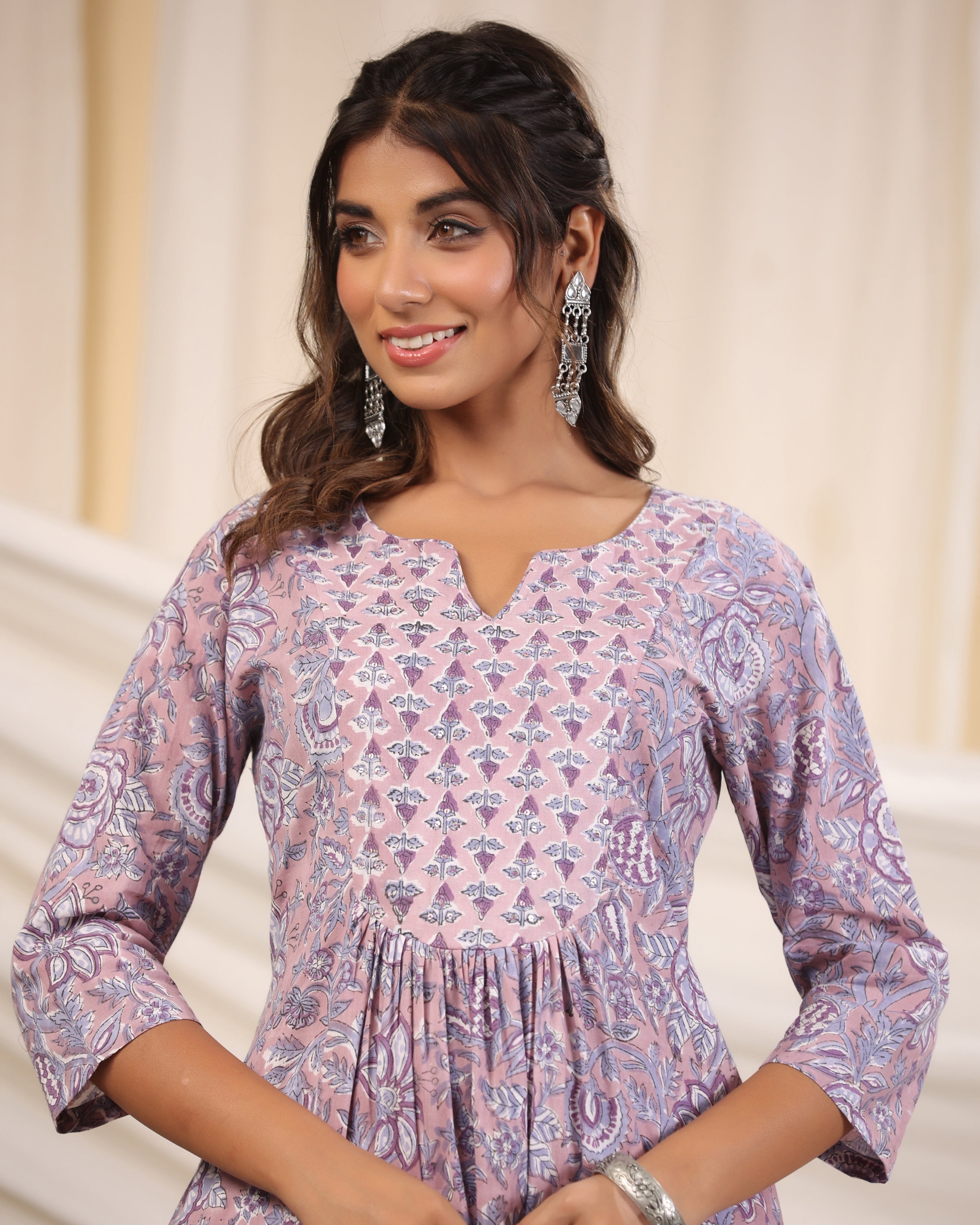 Mauve & Purple Jaal Handblock Printed Cotton Kurta Pant Set