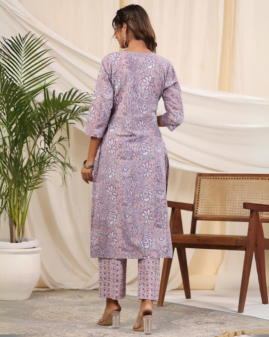 Mauve & Purple Jaal Handblock Printed Cotton Kurta Pant Set