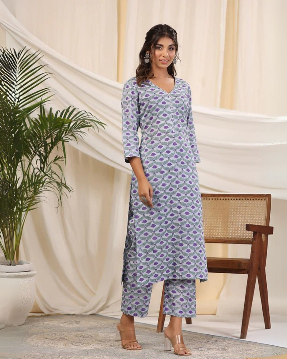 Sadabahar Grey Jaal Handblock Print Cotton Kurta & Pant Set