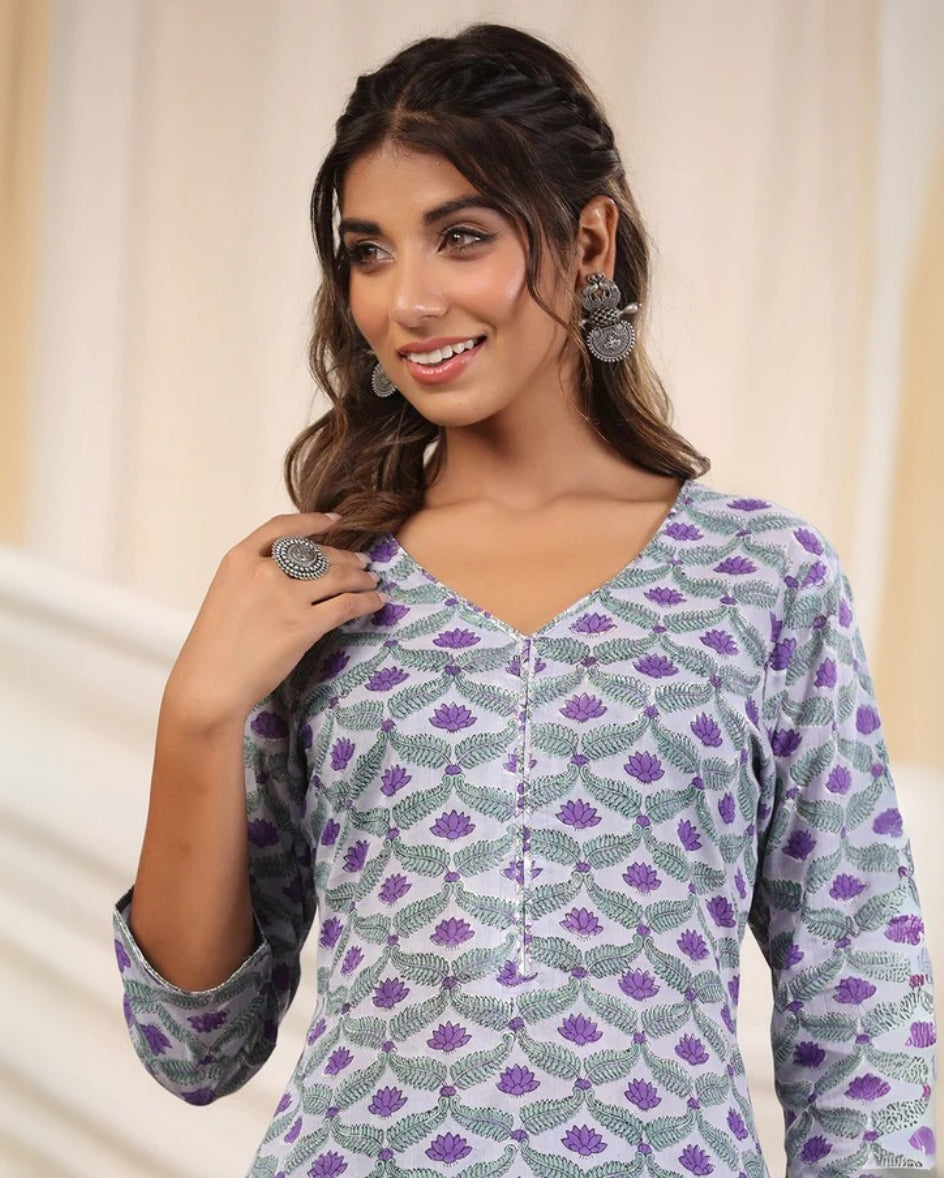 Sadabahar Grey Jaal Handblock Print Cotton Kurta & Pant Set