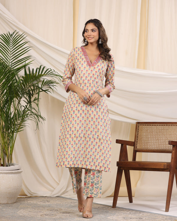 Sadabahaar Yellow & Red Handblock Printed Cotton Kurta Pant Set