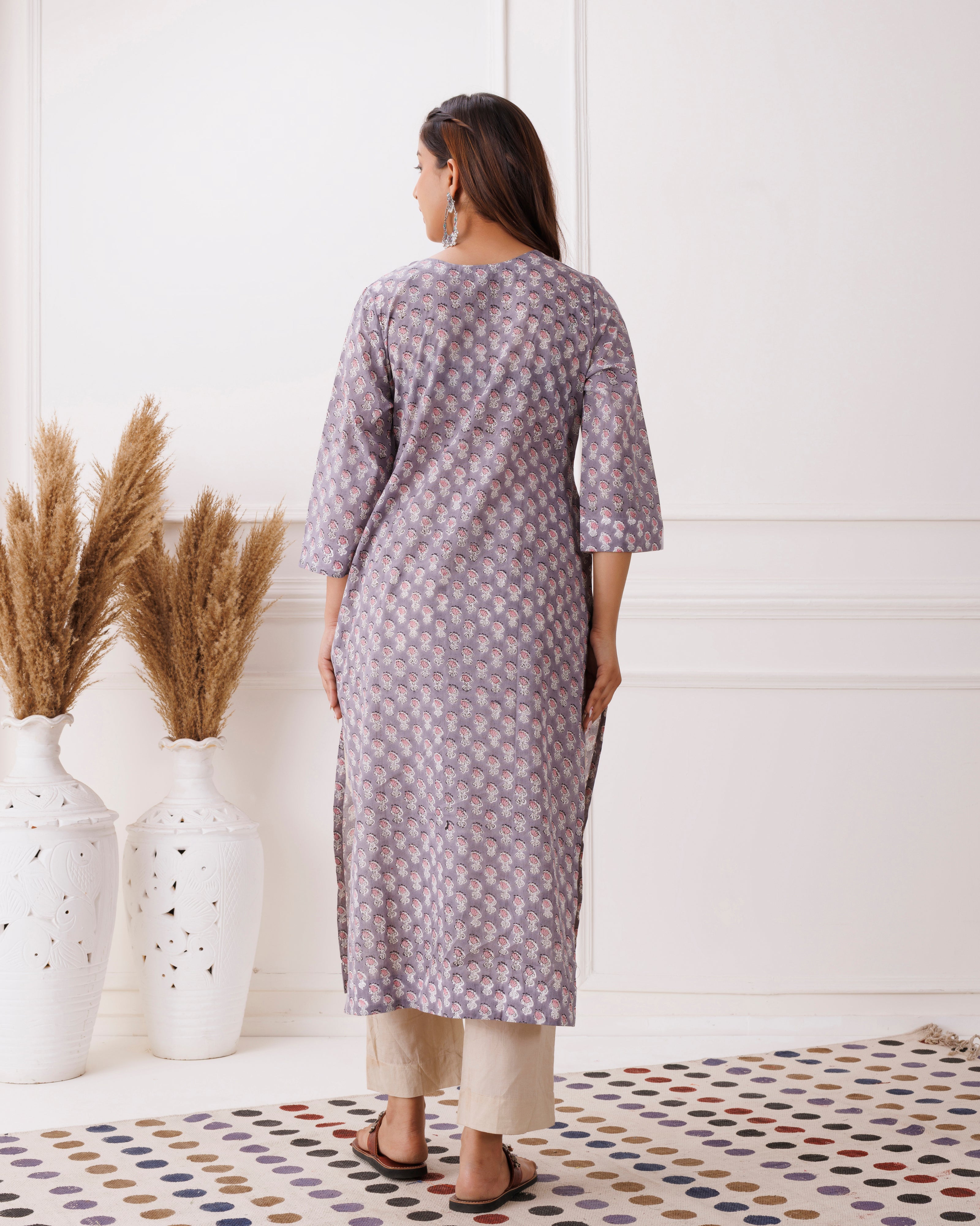 Lavender Handblock Printed Oink Floral Cotton Kurti