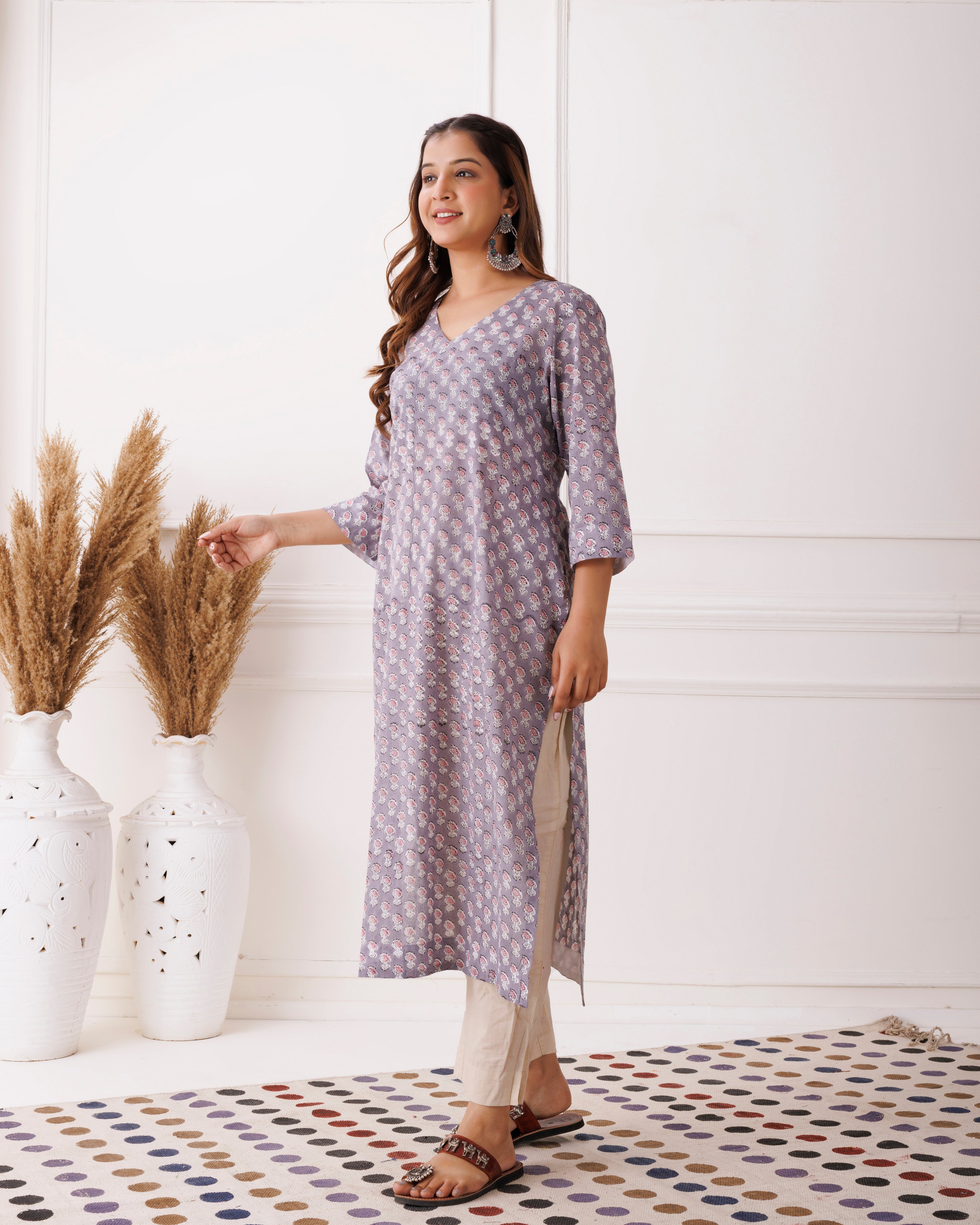 Lavender Handblock Printed Oink Floral Cotton Kurti