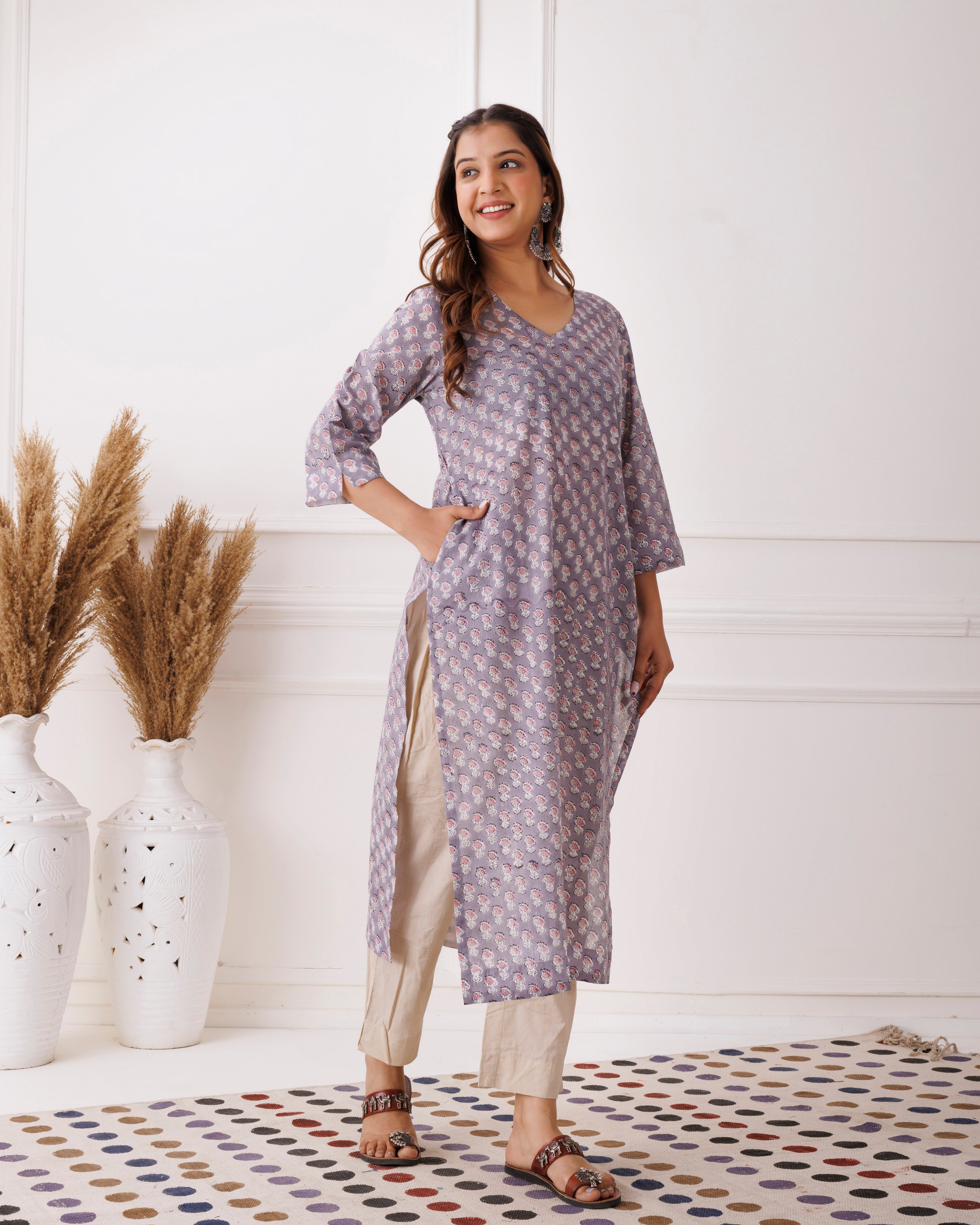 Lavender Handblock Printed Oink Floral Cotton Kurti