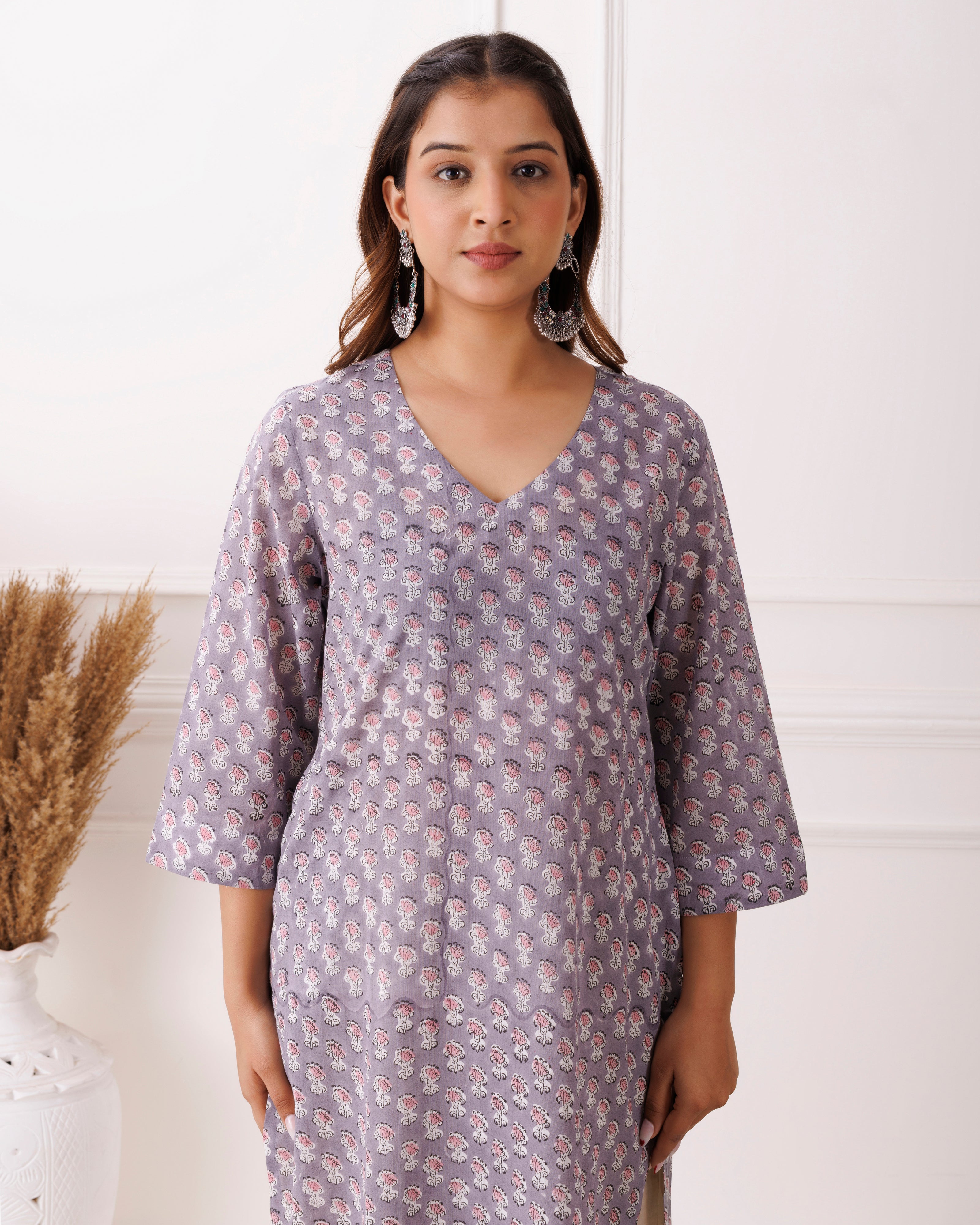 Lavender Handblock Printed Oink Floral Cotton Kurti