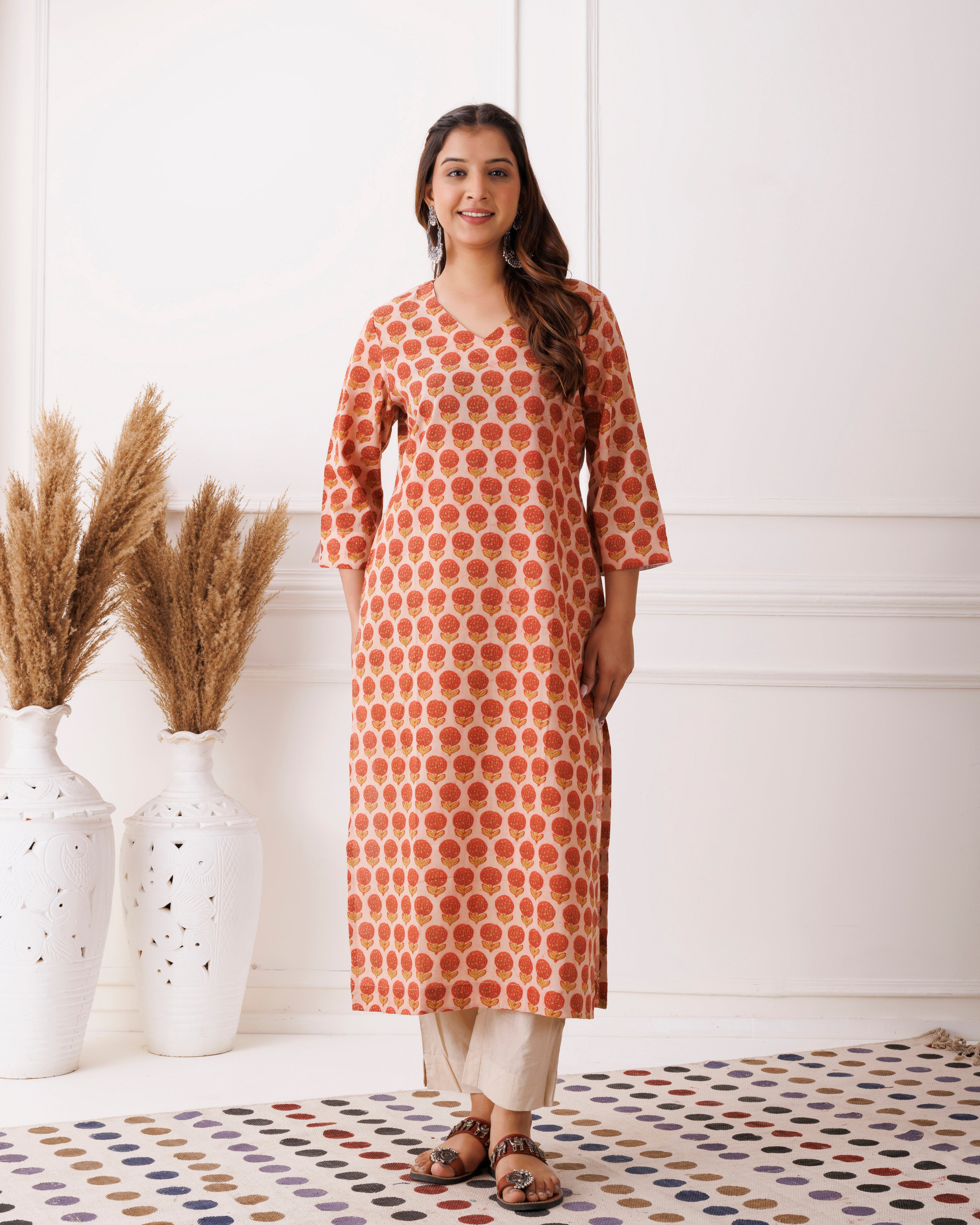 Peach Handblock Printed Rust Cotton Kurti