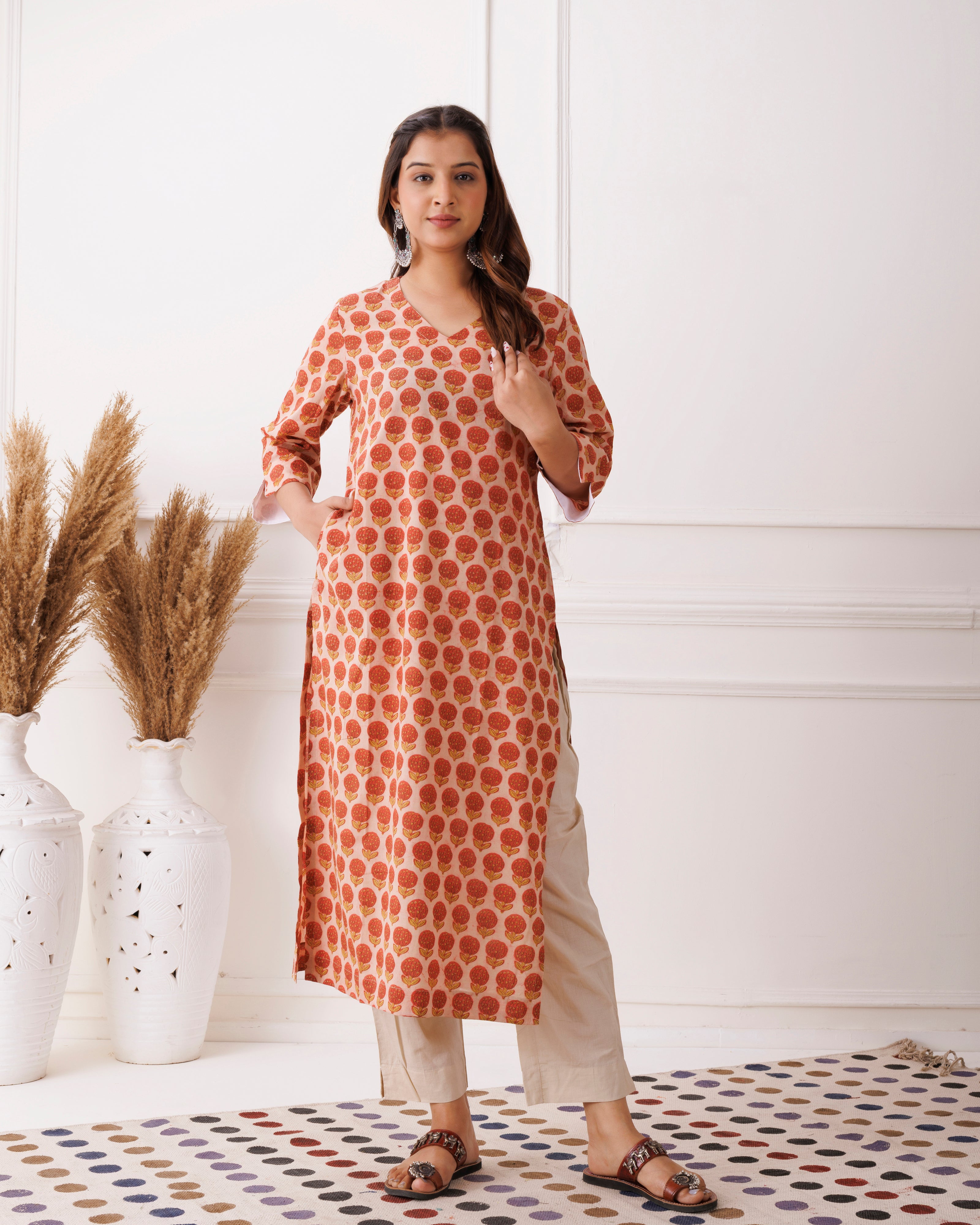 Peach Handblock Printed Rust Cotton Kurti