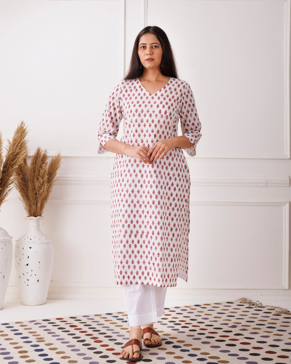 Pink Handblock Printed White Cotton Kurti