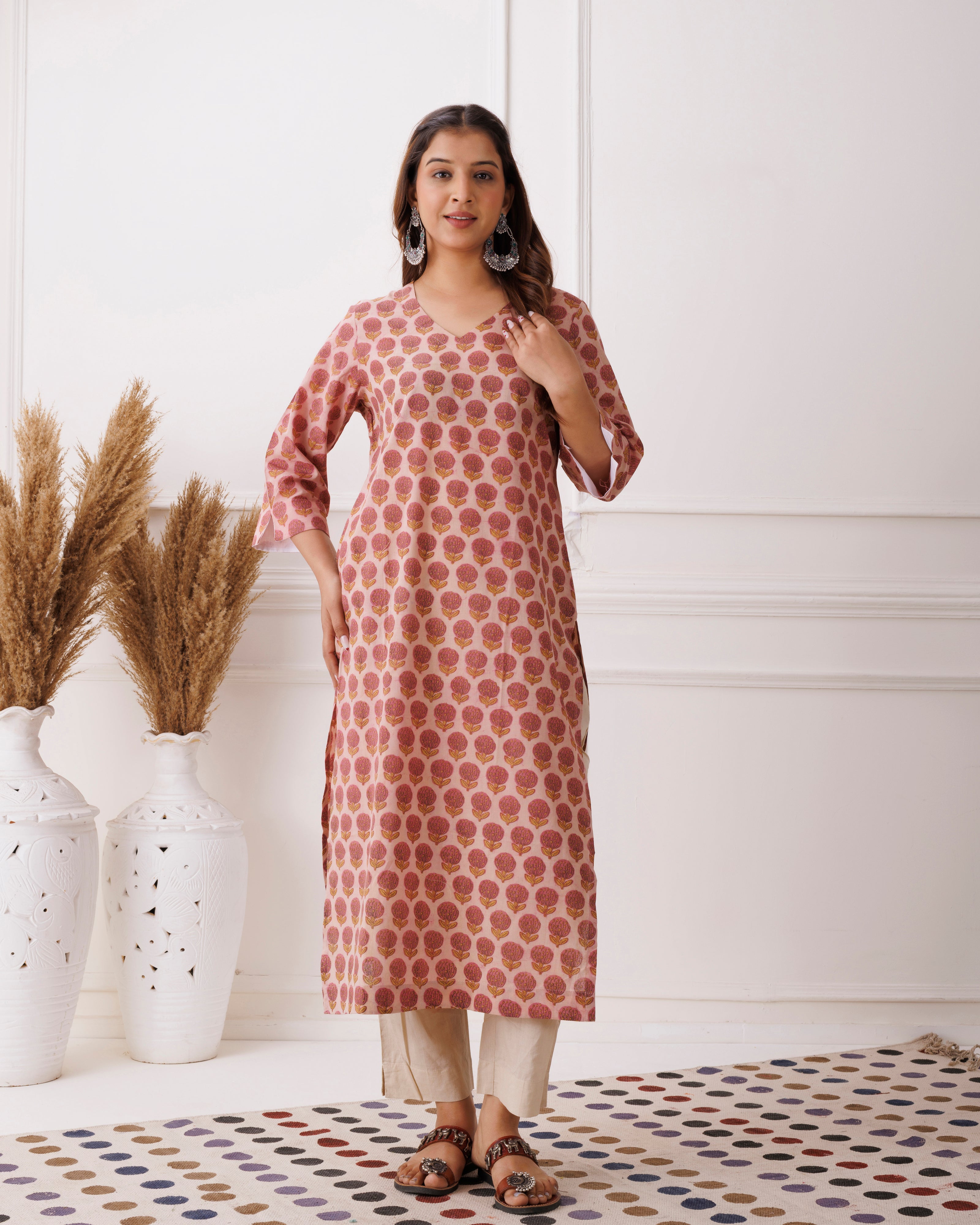 Rust Peach Handblock Printed Cotton Kurti