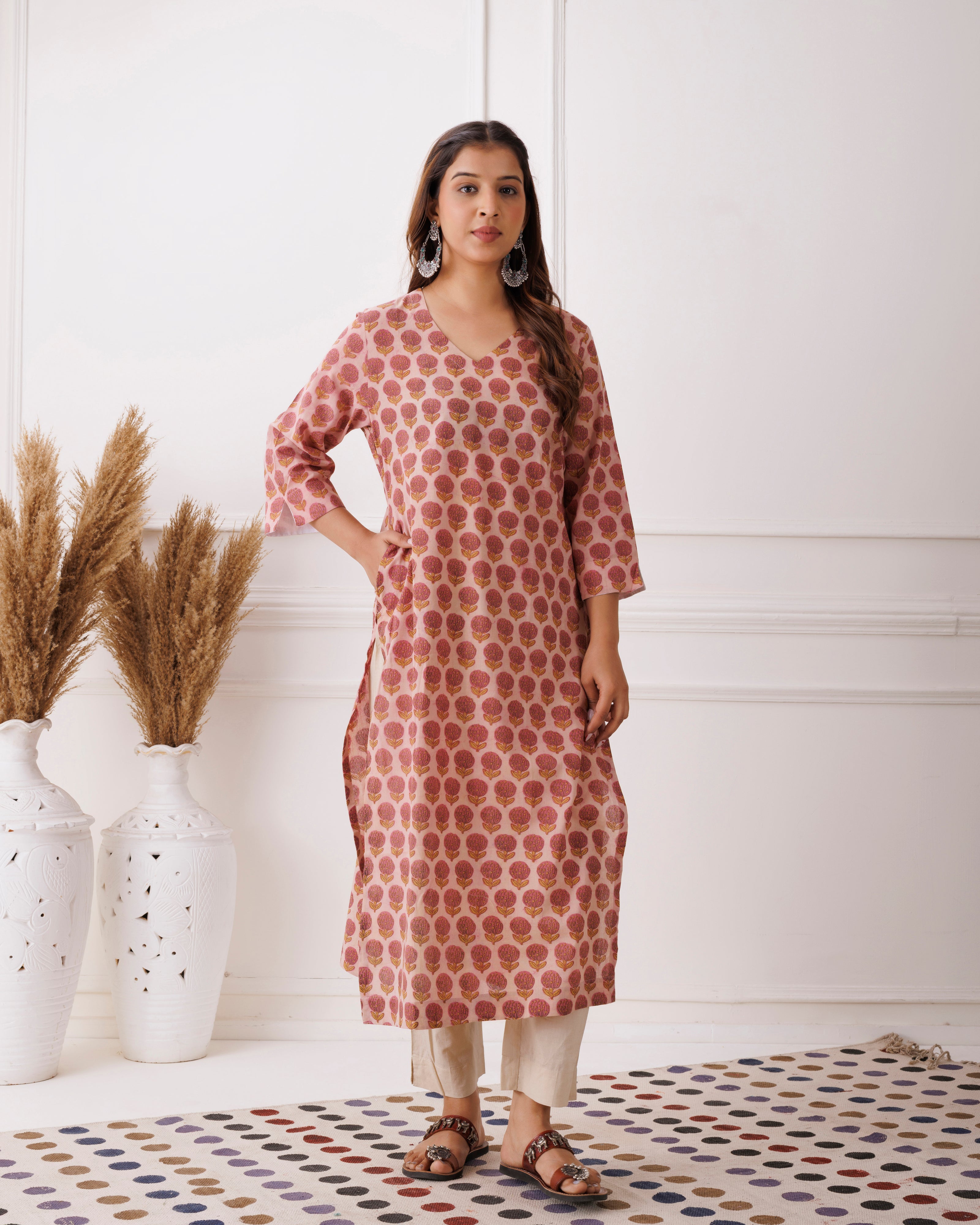 Rust Peach Handblock Printed Cotton Kurti
