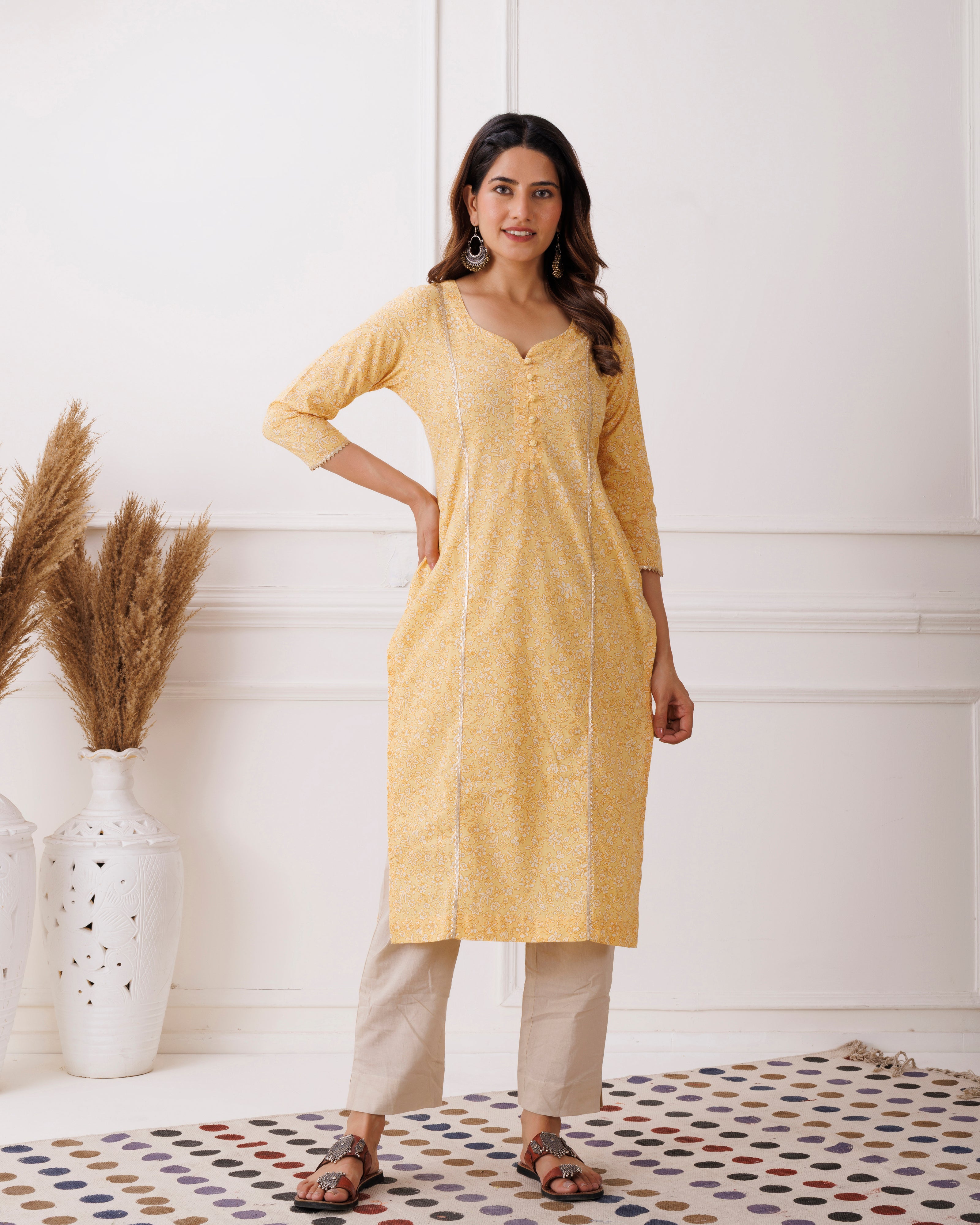 Lime Yellow Jaipuri Printed Cotton Kurti
