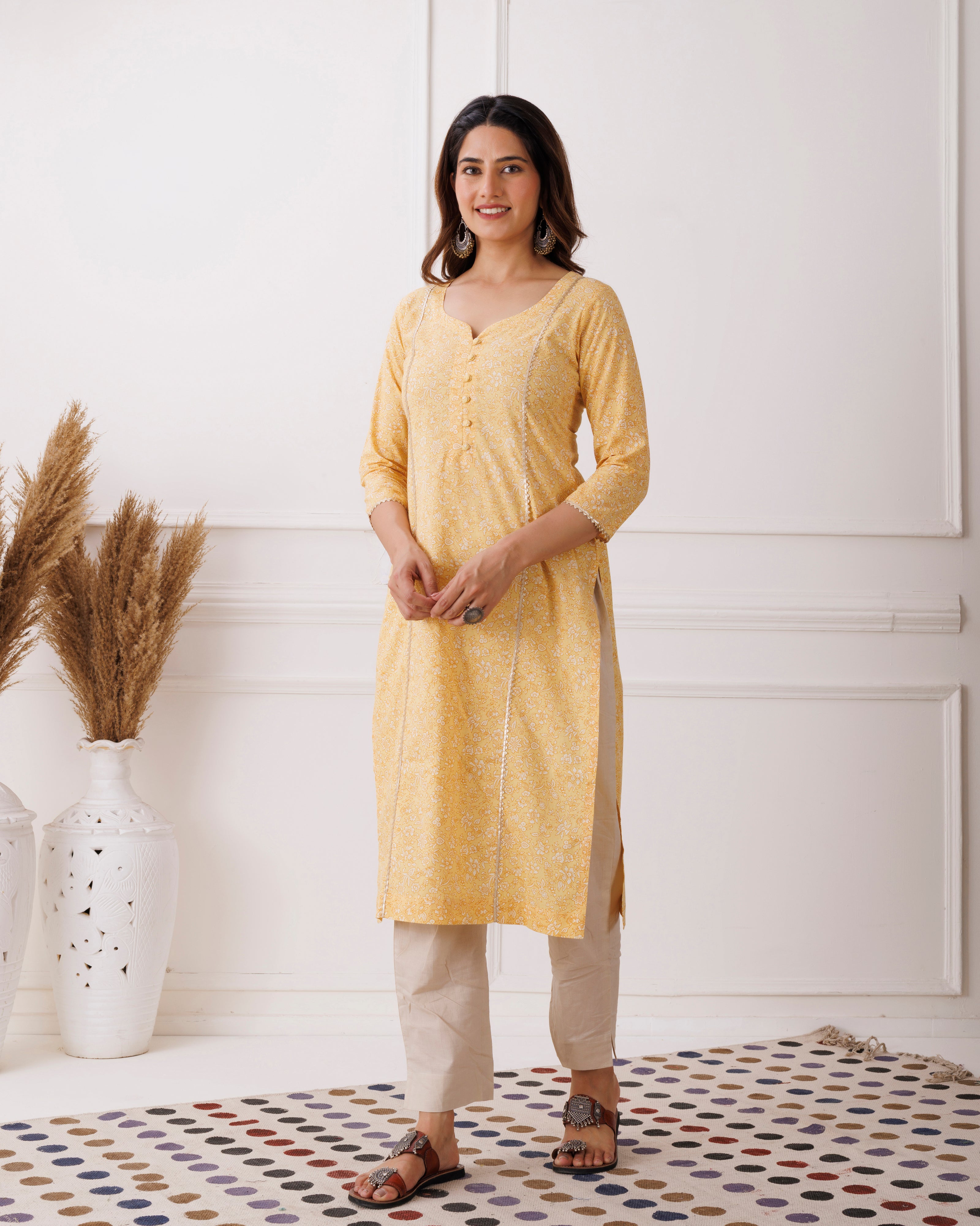 Lime Yellow Jaipuri Printed Cotton Kurti
