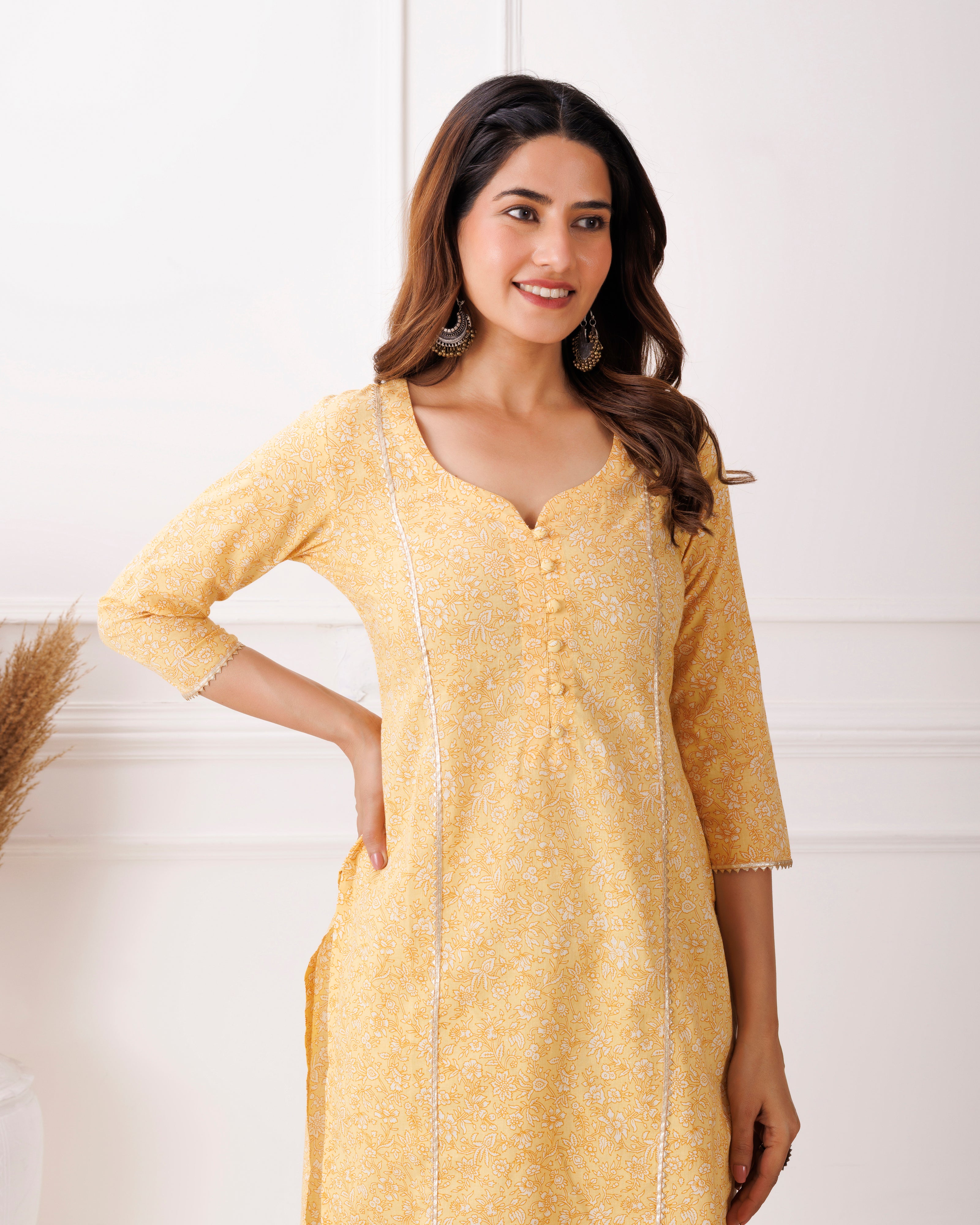 Lime Yellow Jaipuri Printed Cotton Kurti