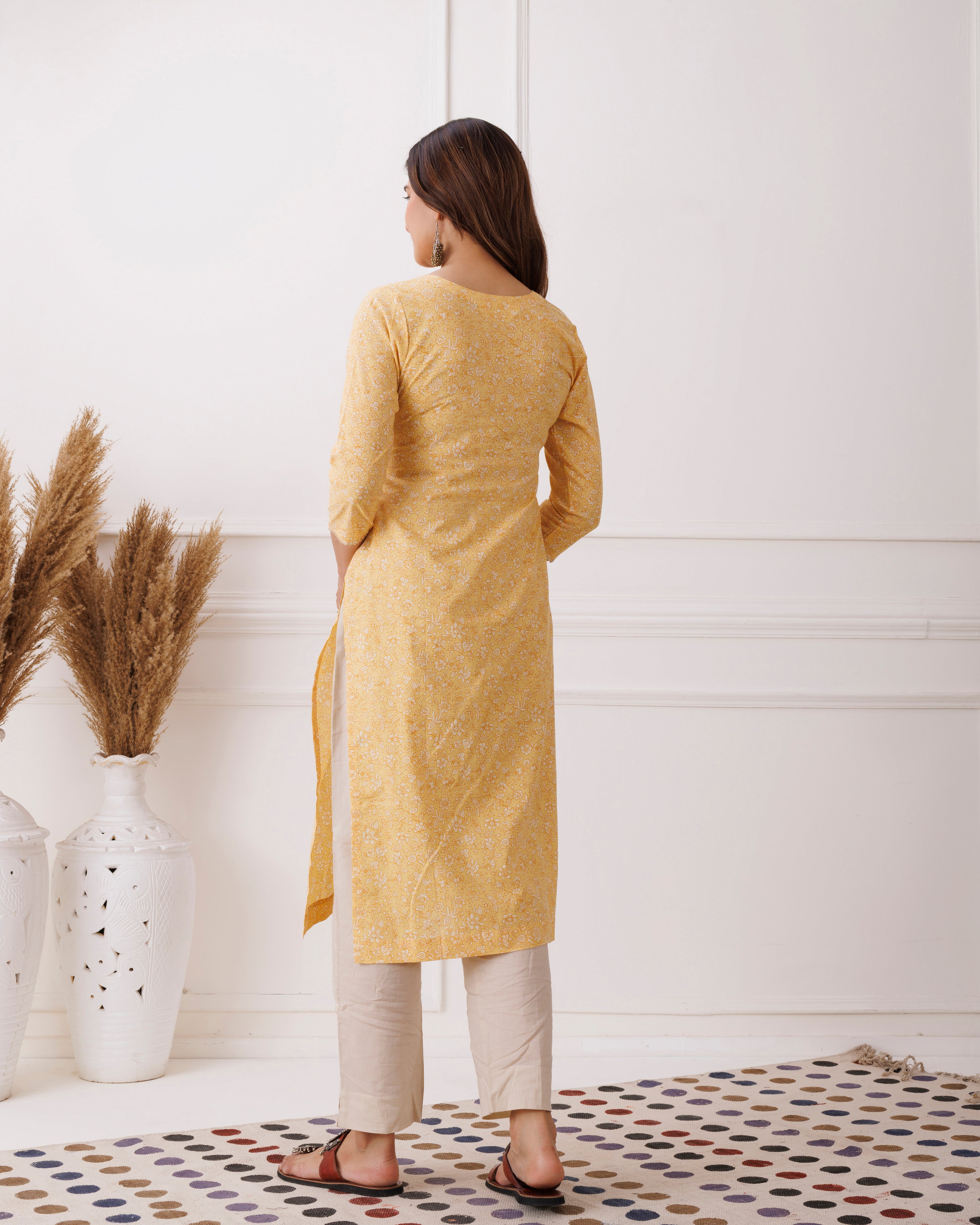 Lime Yellow Jaipuri Printed Cotton Kurti
