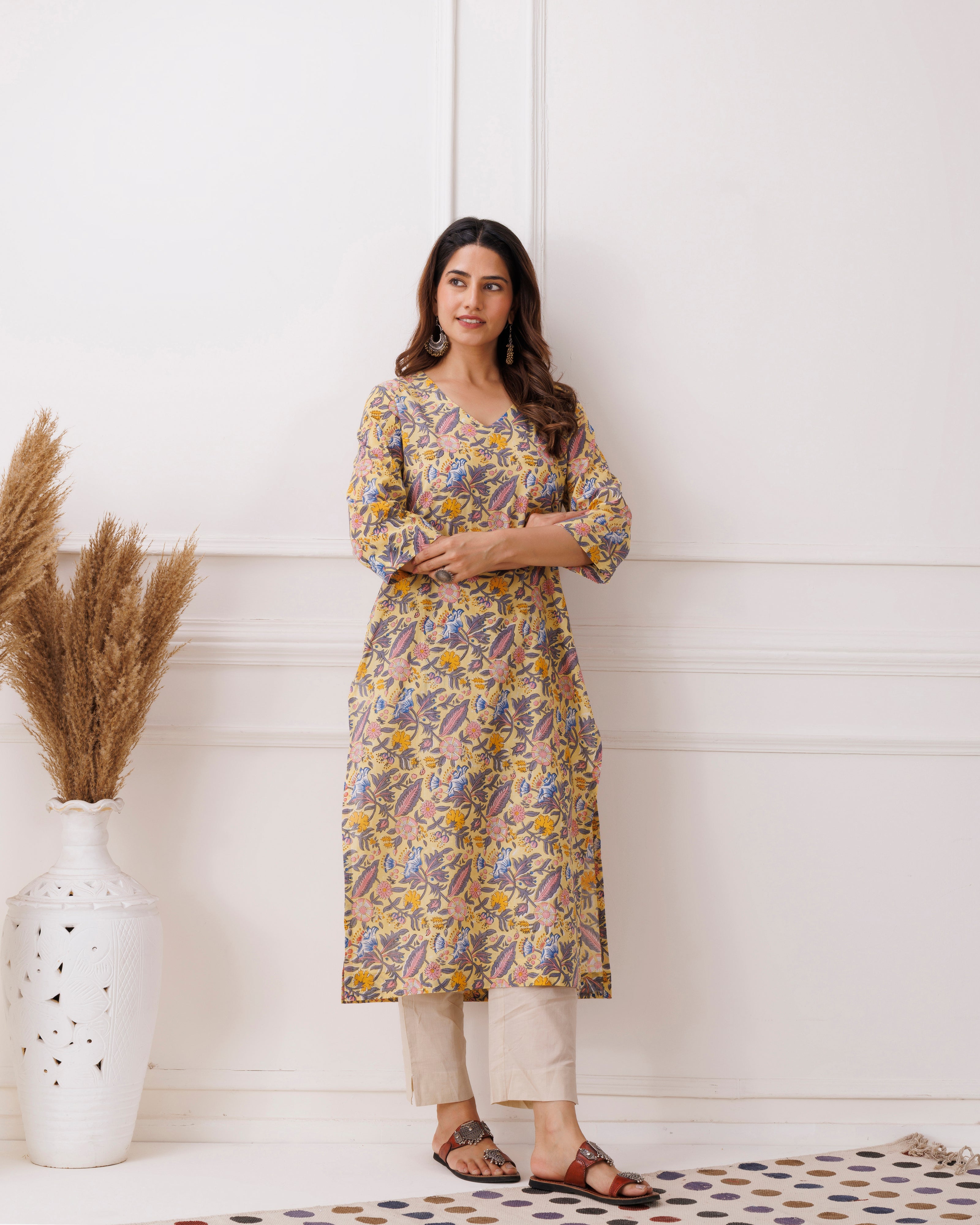Pastel Yellow Handblock Printed Cotton Kurta