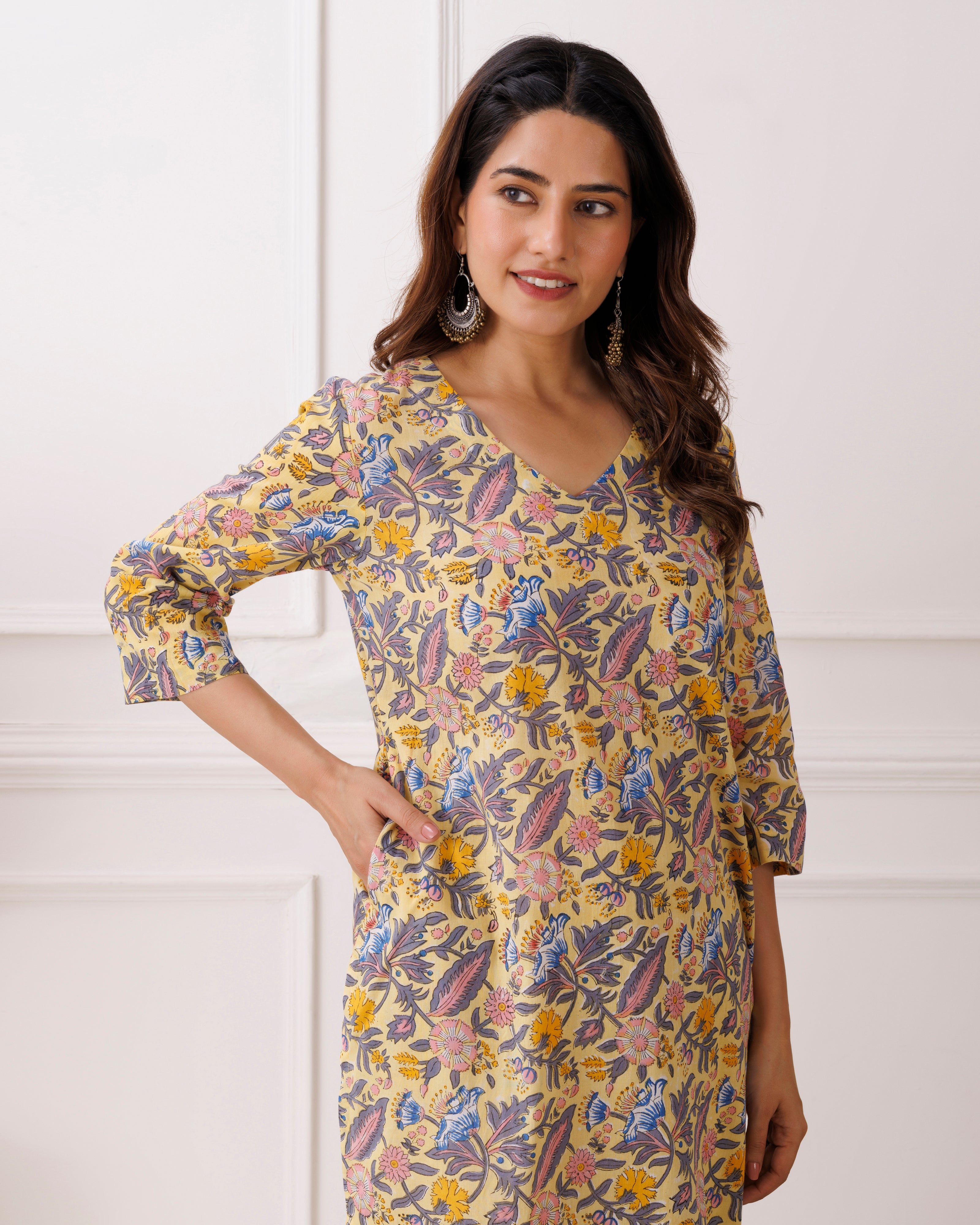 Pastel Yellow Handblock Printed Cotton Kurta