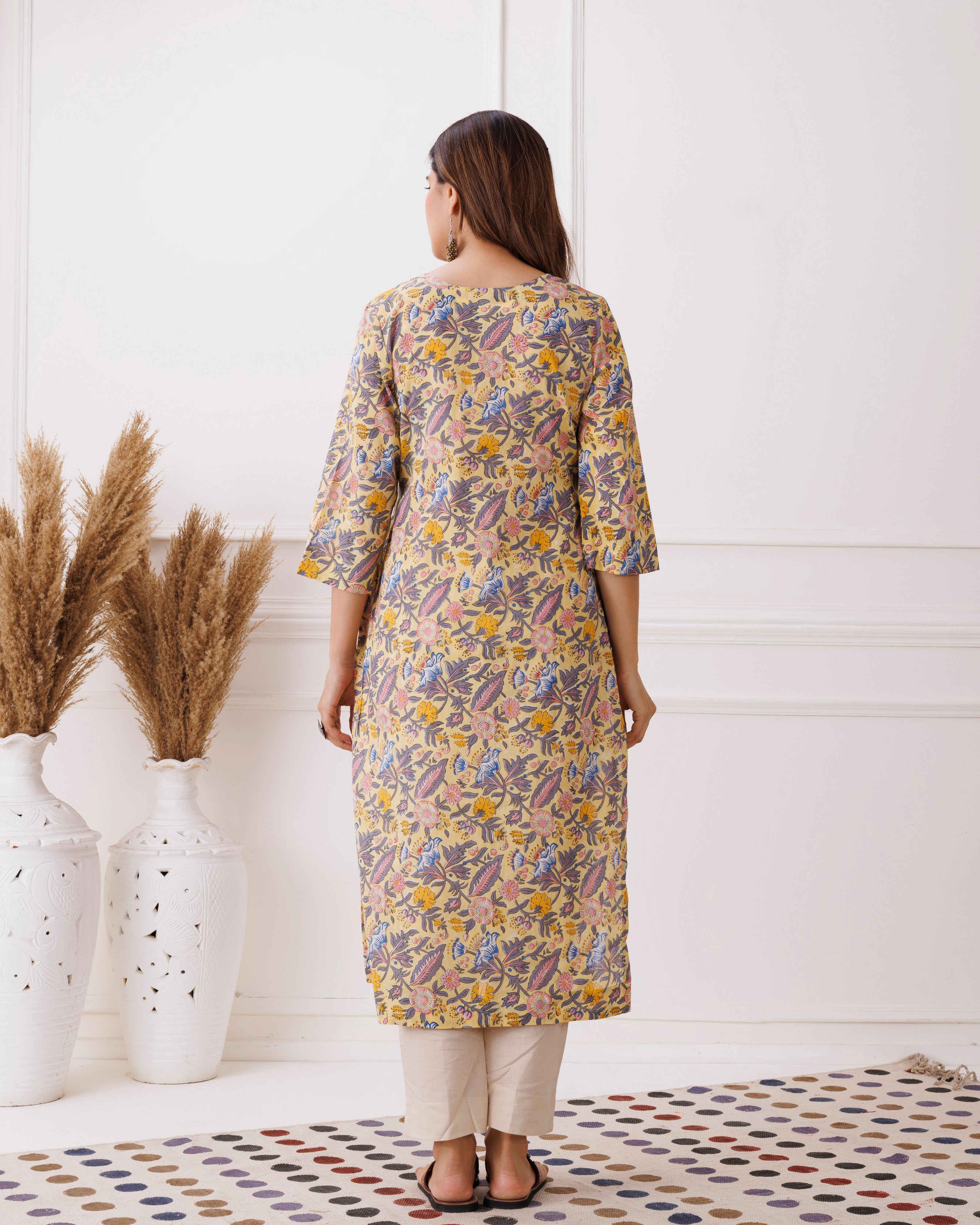 Pastel Yellow Handblock Printed Cotton Kurta