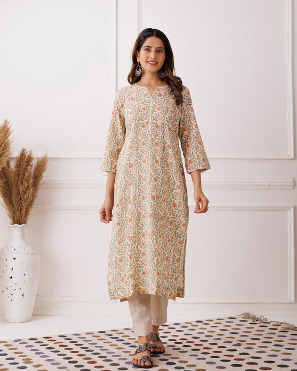 Off White Handblock Printed Cotton Kurti