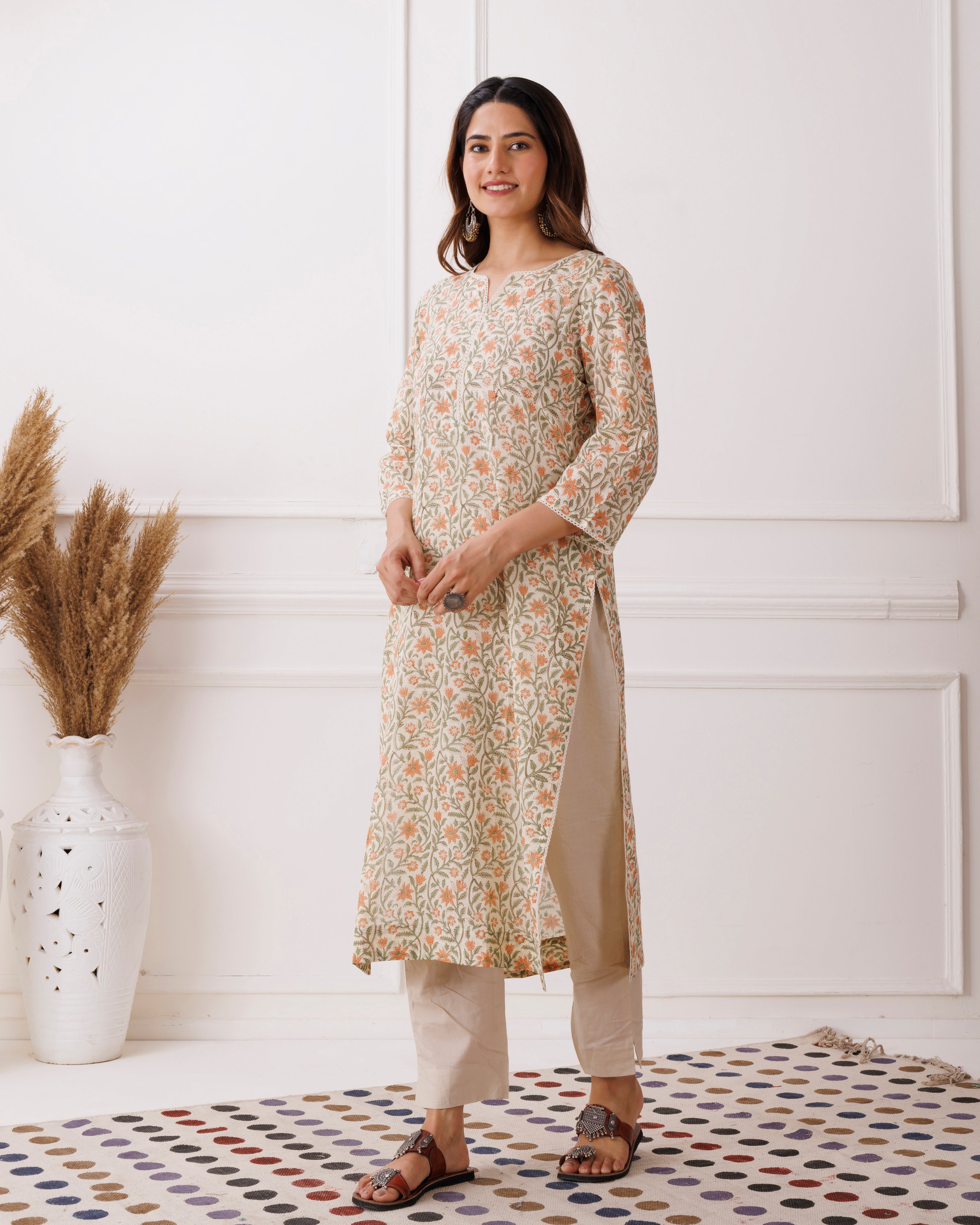 Off White Handblock Printed Cotton Kurti