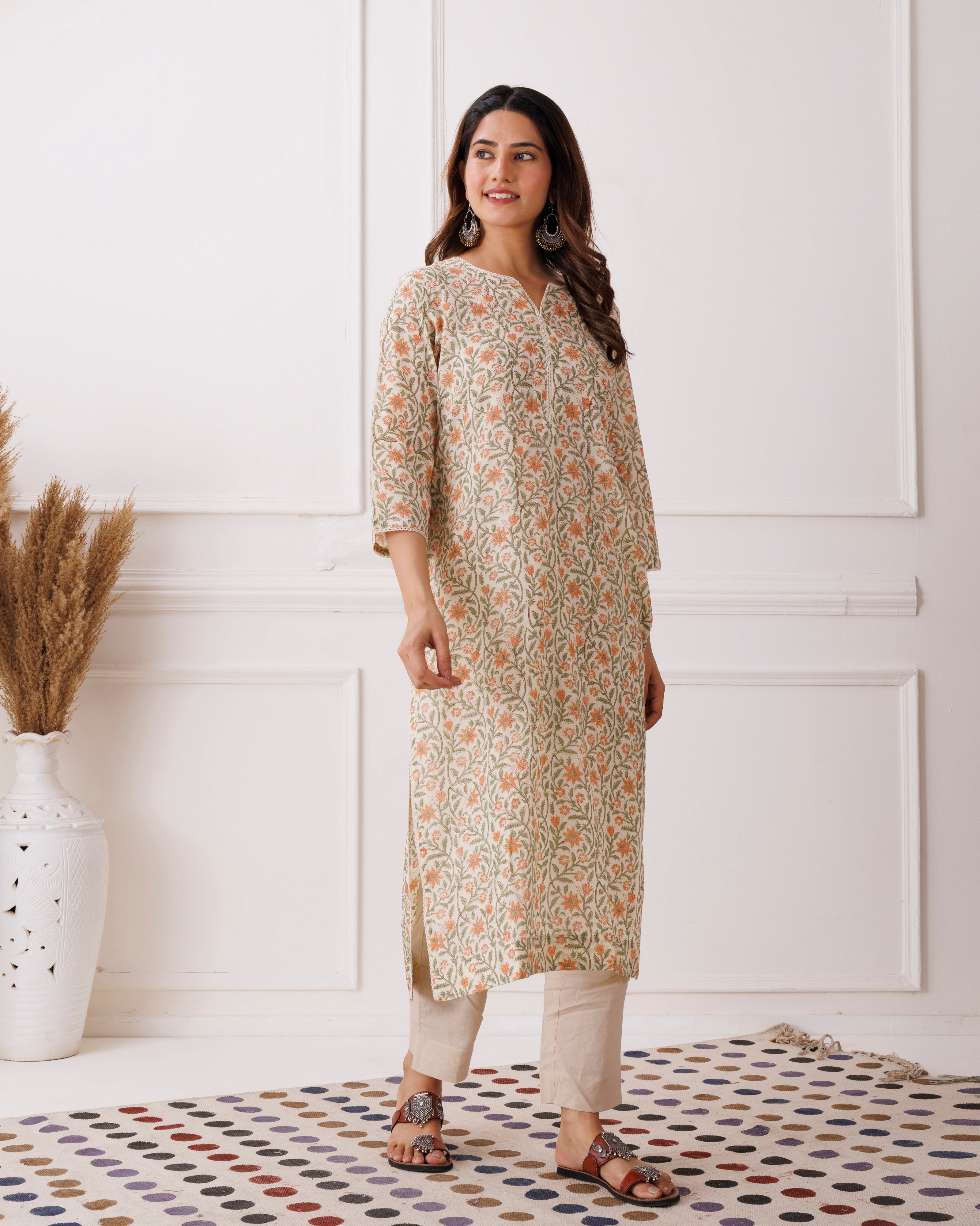 Off White Handblock Printed Cotton Kurti