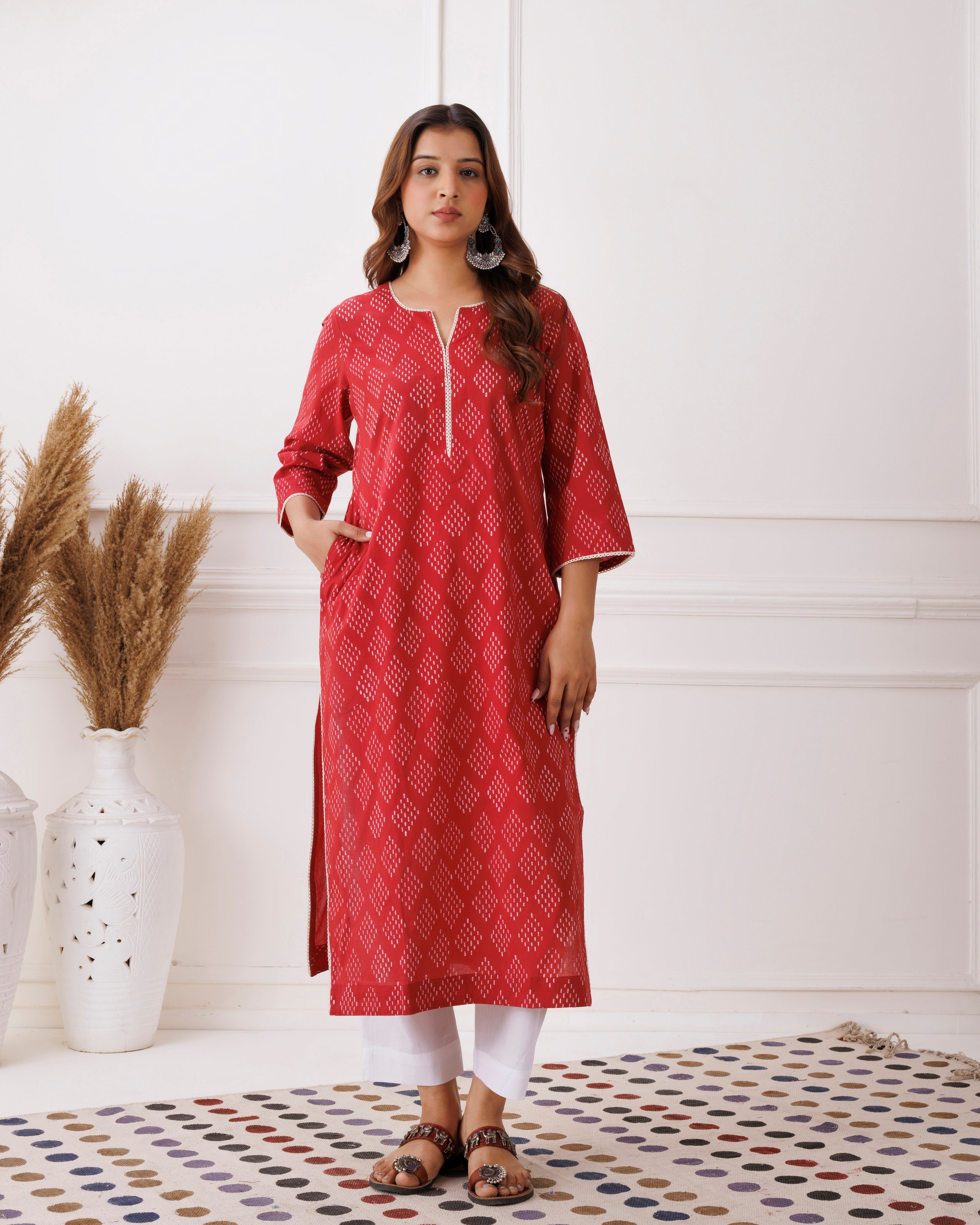 Red Handblock Printed Cotton Kurti