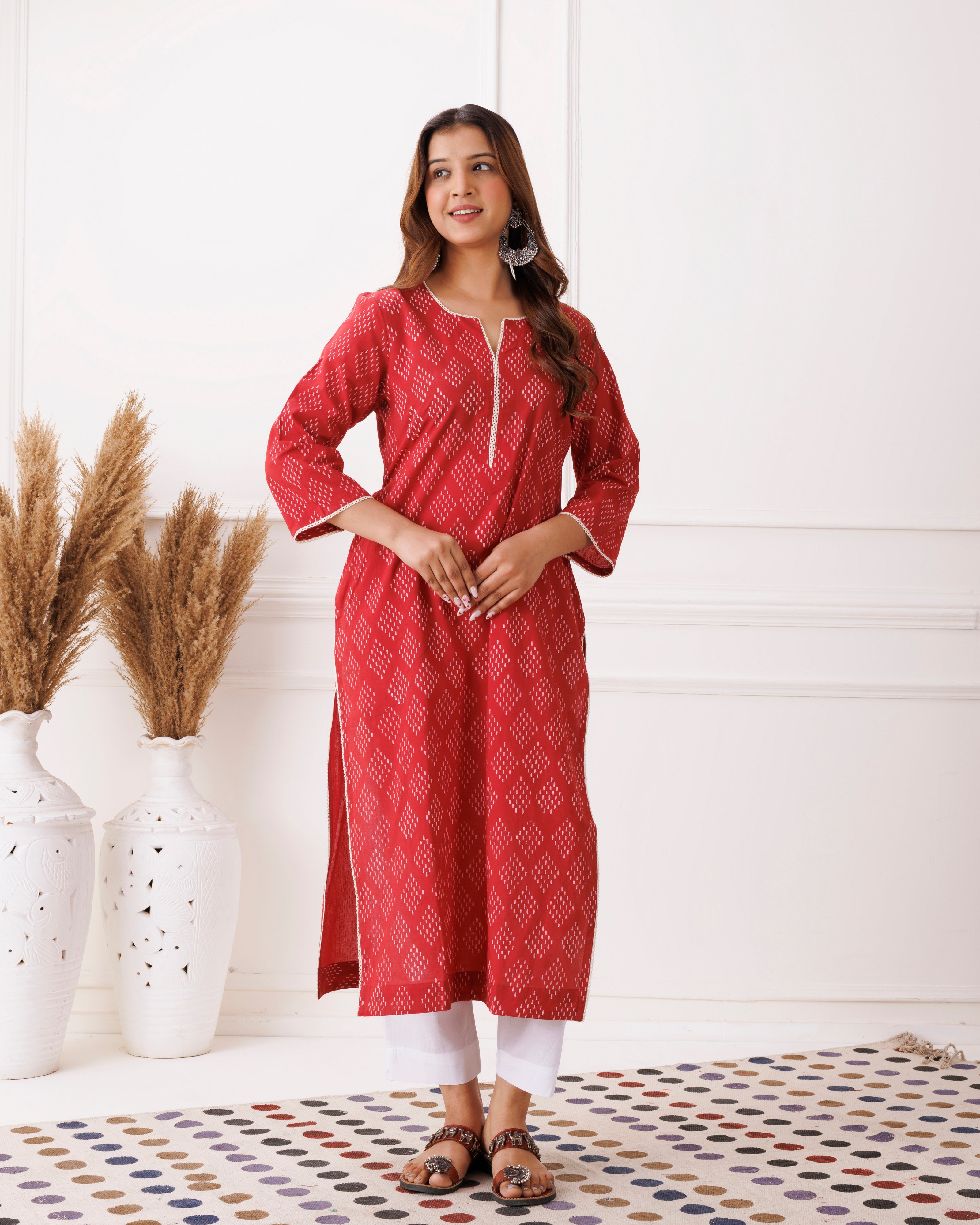 Red Handblock Printed Cotton Kurti