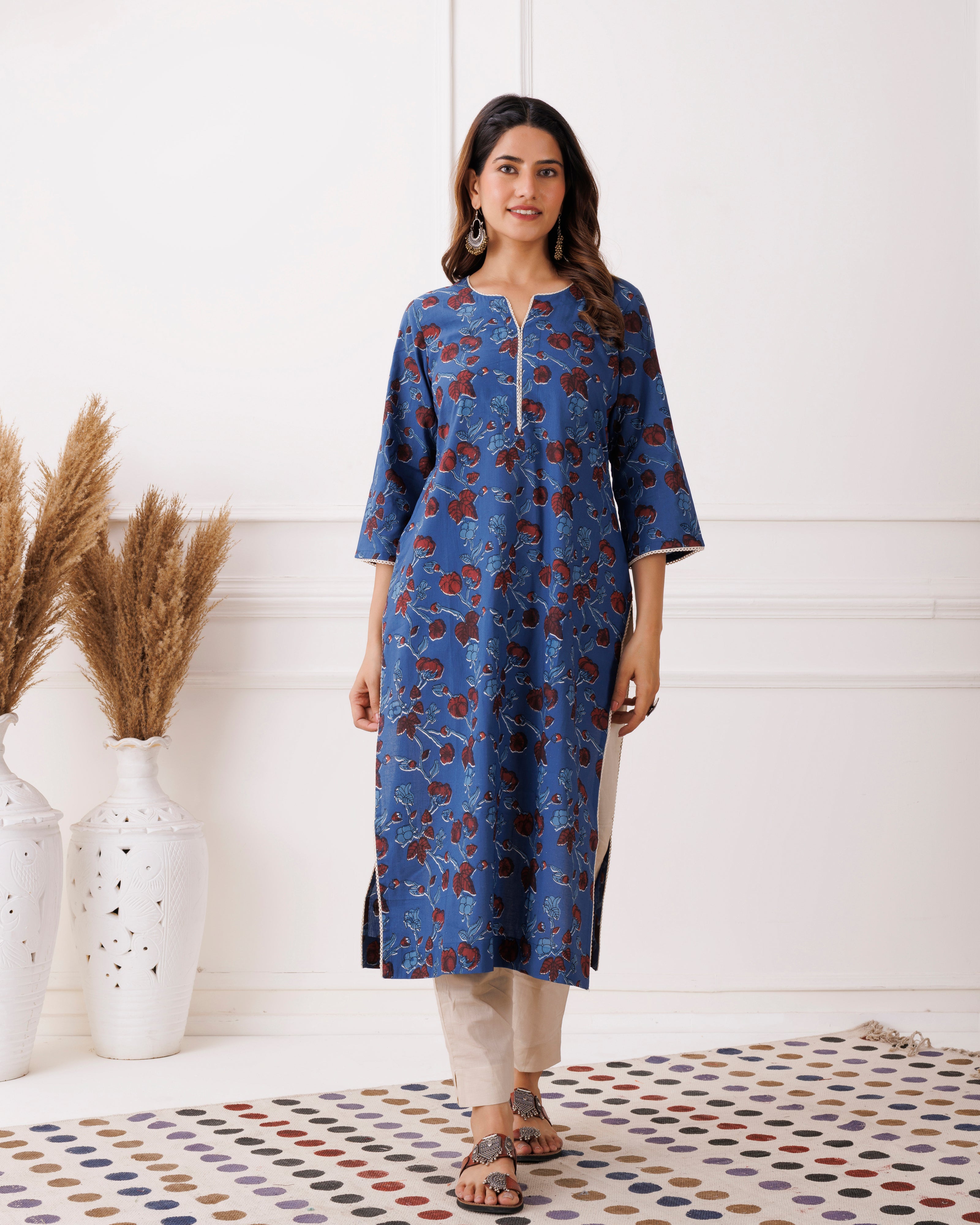 Indigo Floral Handblock Printed Cotton Kurti