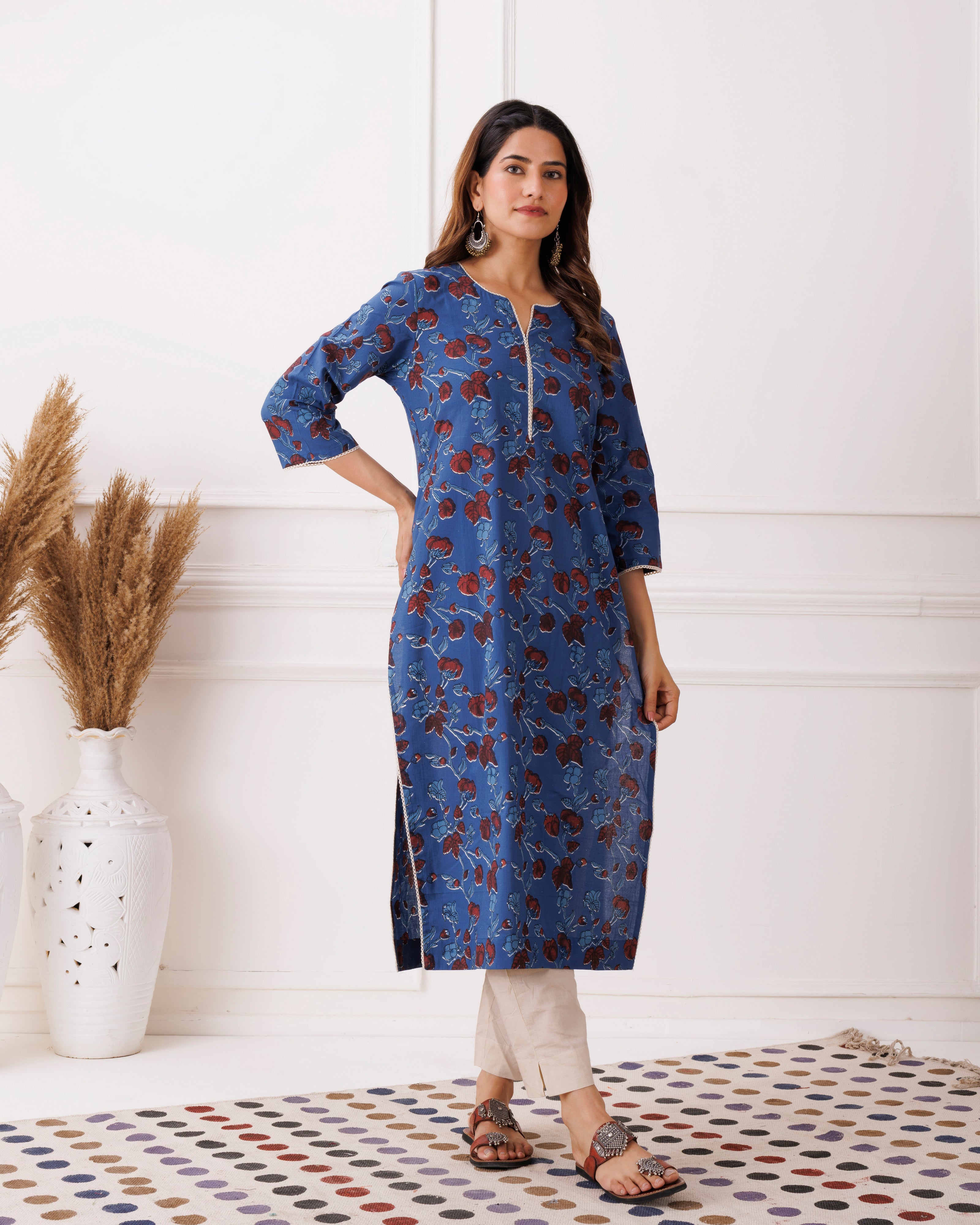 Indigo Floral Handblock Printed Cotton Kurti