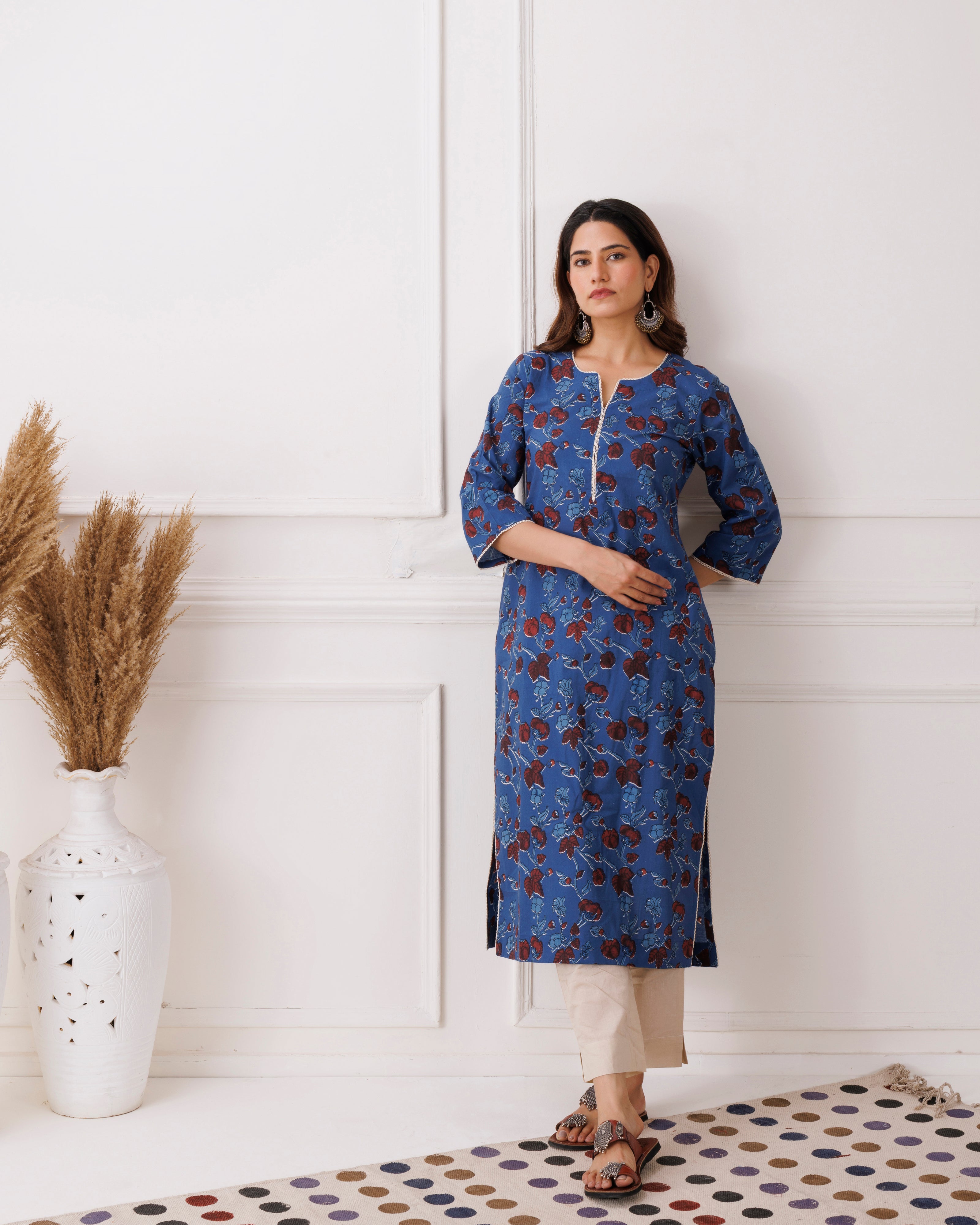 Indigo Floral Handblock Printed Cotton Kurti