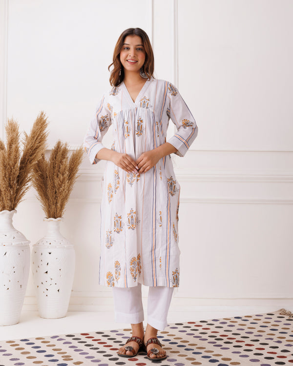 White Gathered Handblock Printed Cotton KurtI