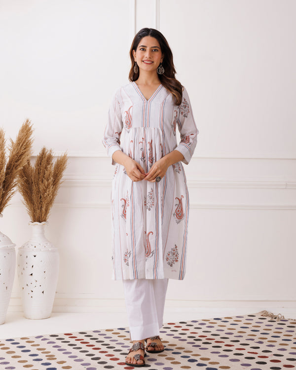 White Gathered Paisley Handblcok Printed Cotton Kurti