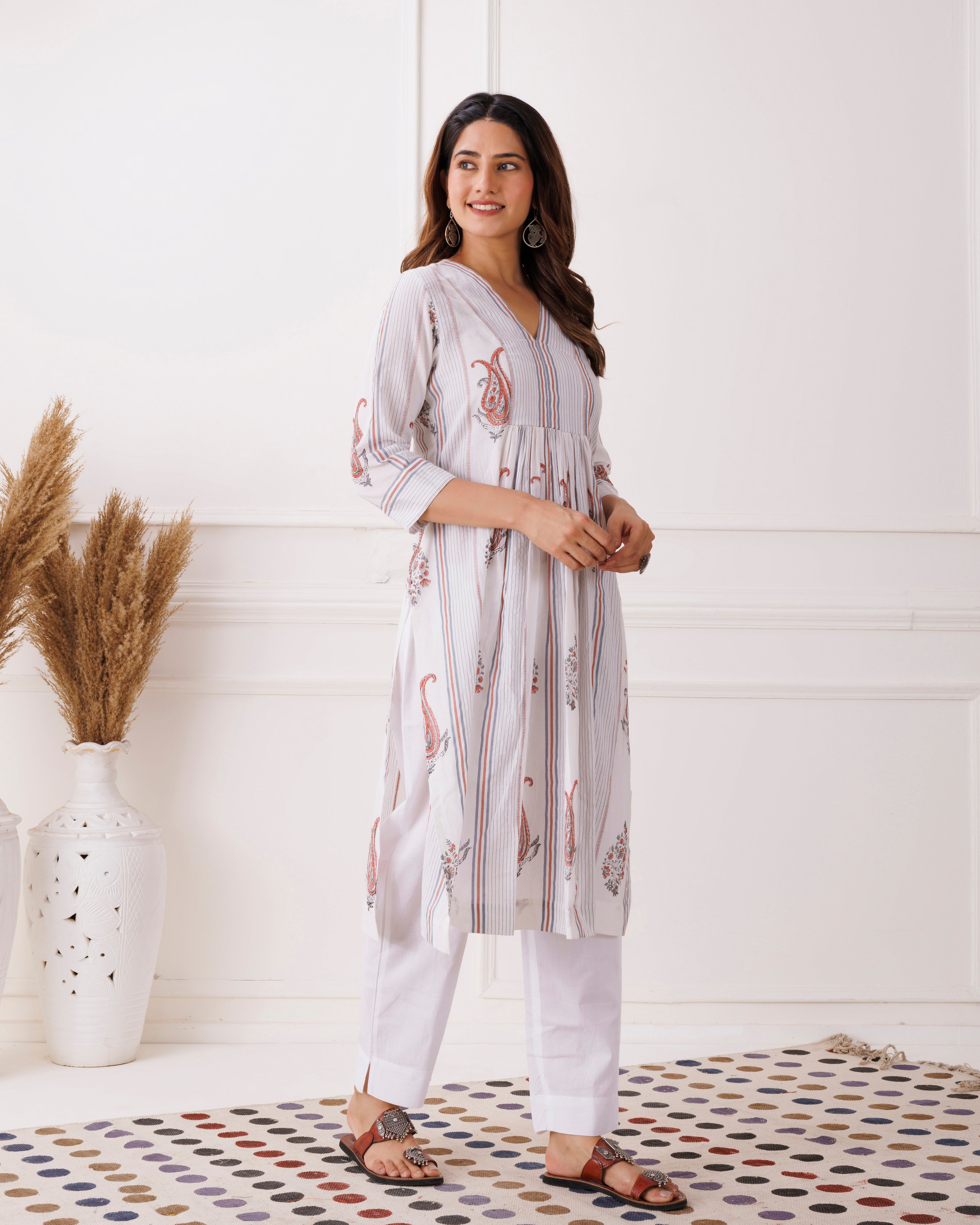 White Gathered Paisley Handblcok Printed Cotton Kurti