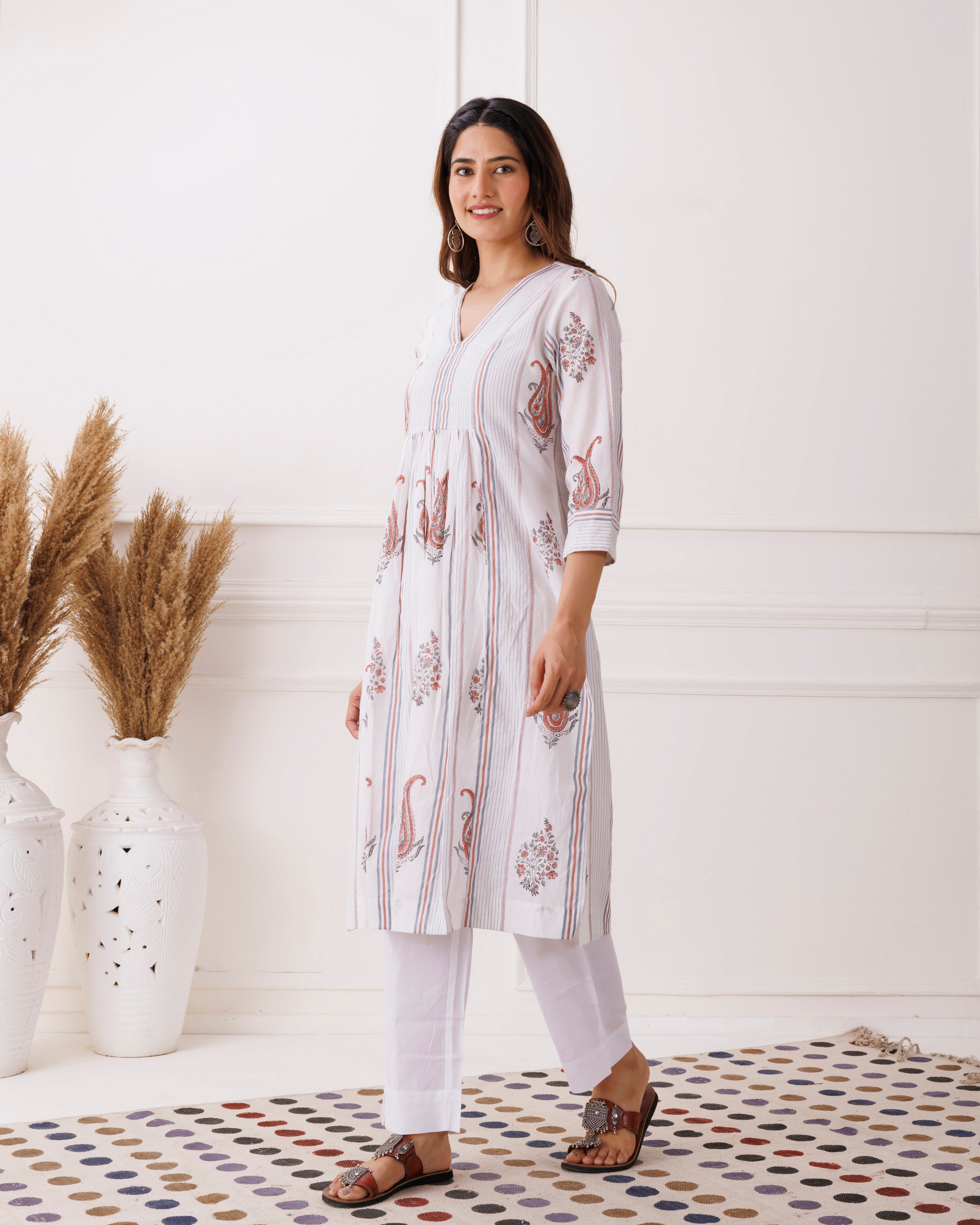 White Gathered Paisley Handblcok Printed Cotton Kurti