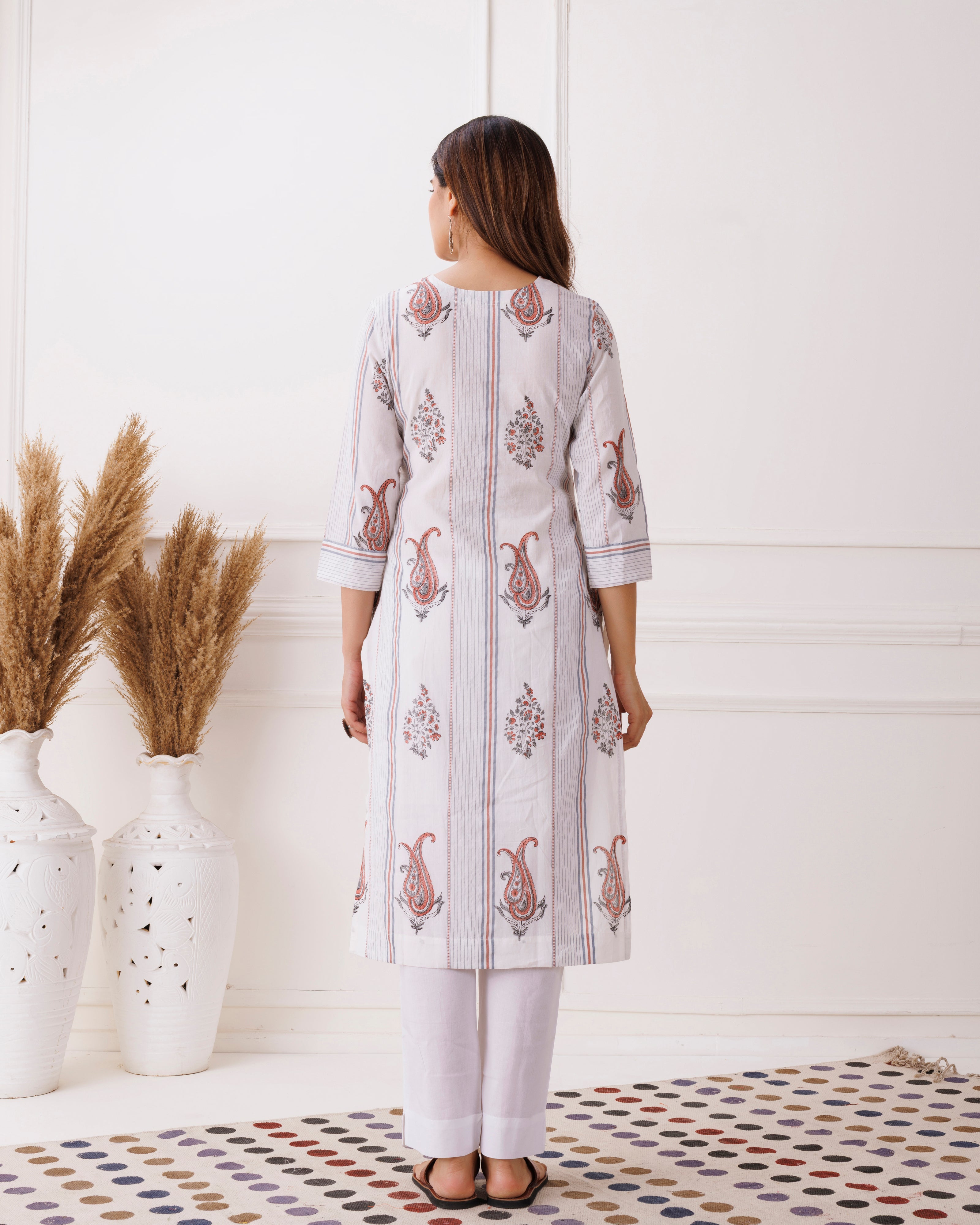 White Gathered Paisley Handblcok Printed Cotton Kurti