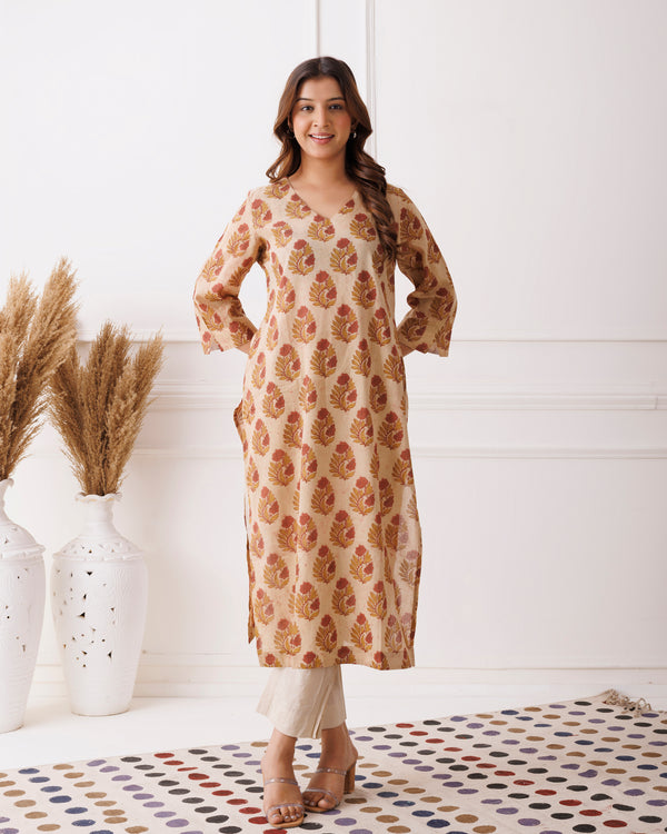 Beige Handblock Printed Cotton Kurti