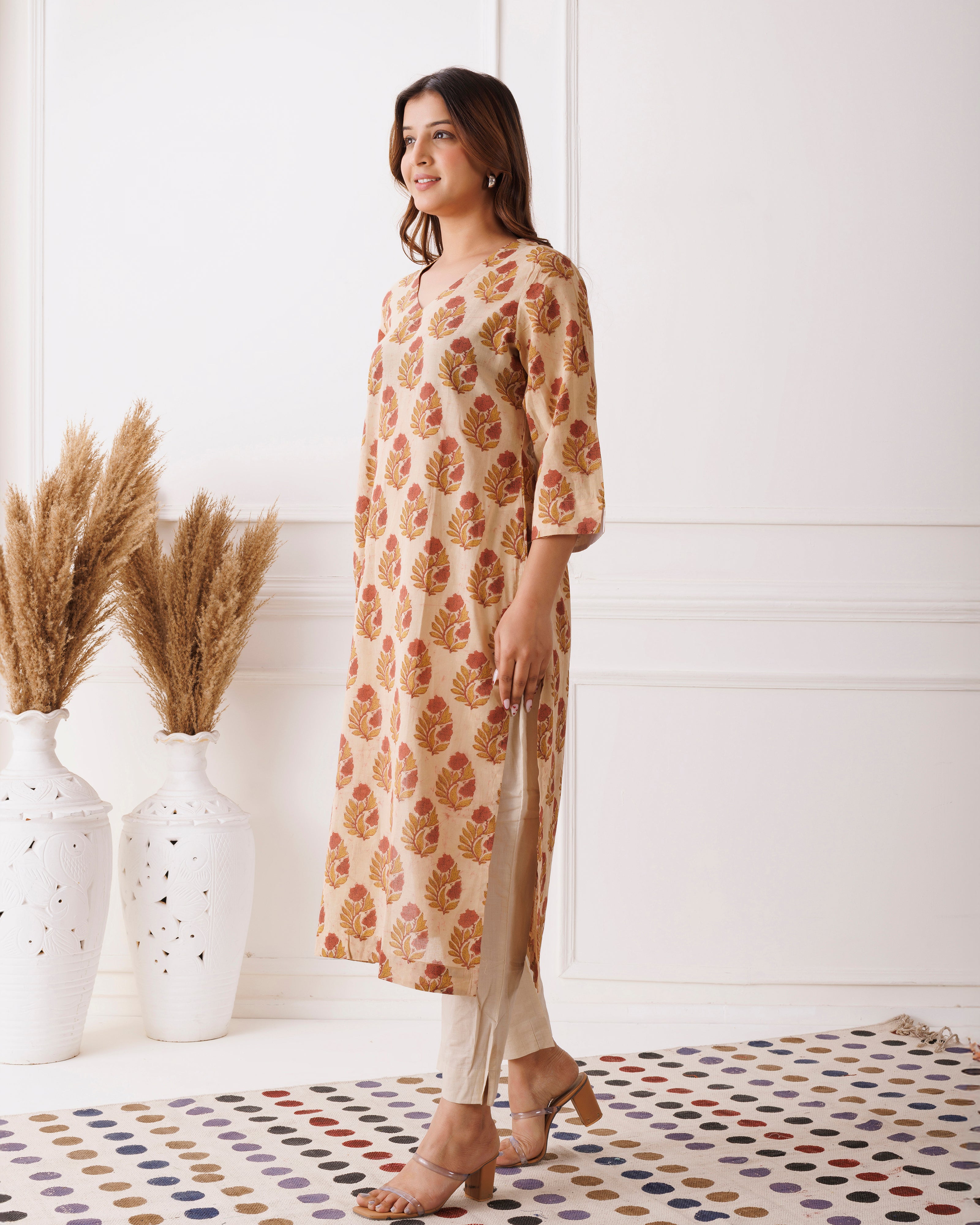 Beige Handblock Printed Cotton Kurti