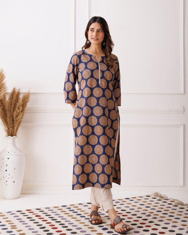 Navy Blue Handblock Printed Cotton Kurti