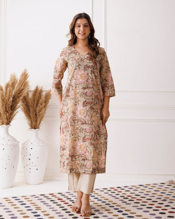 Beige Hand Block Printed Cotton Kurti
