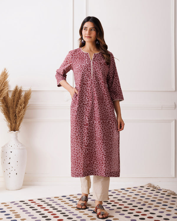 Wine Hand Block Printed Cotton Kurti