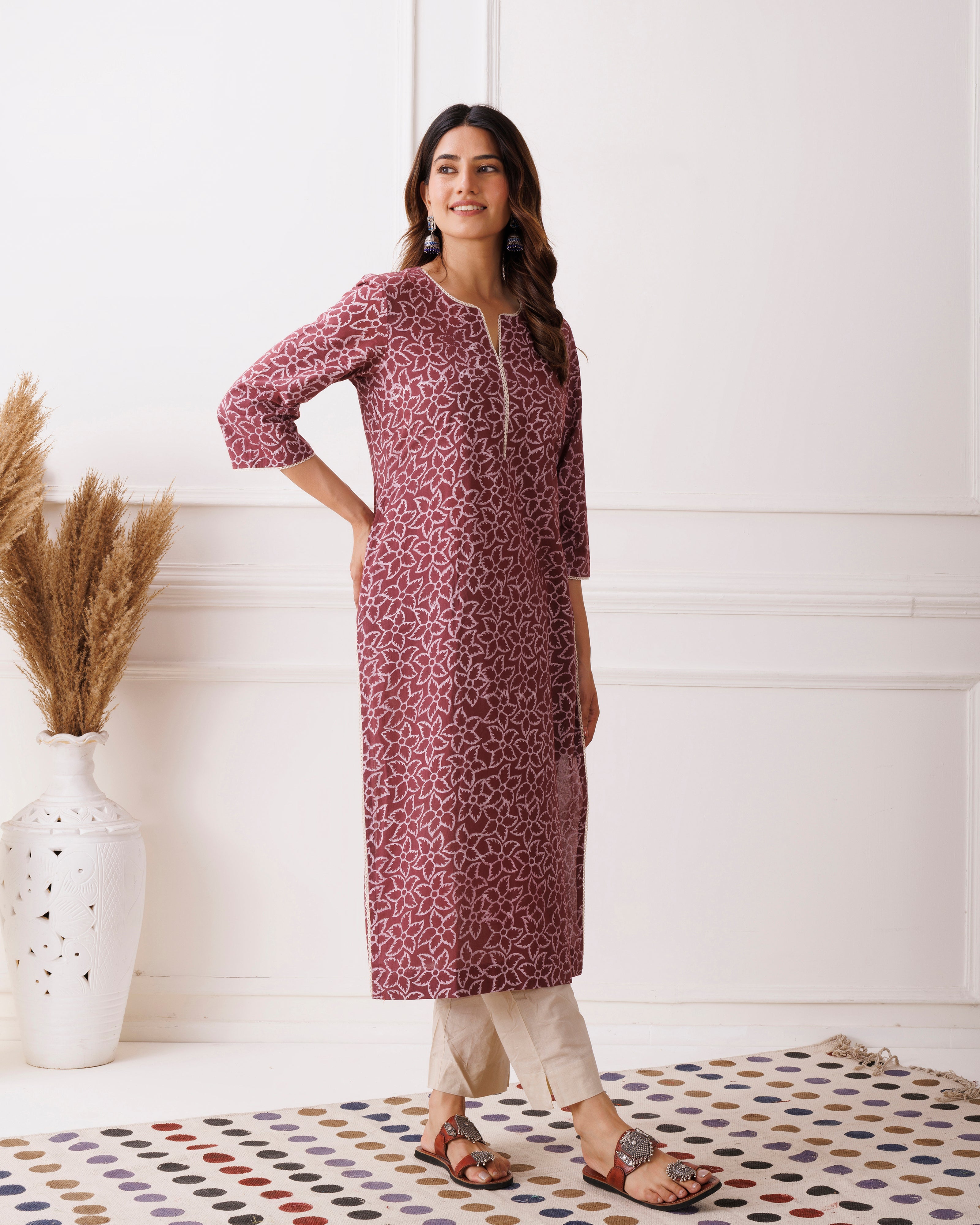 Wine Hand Block Printed Cotton Kurti
