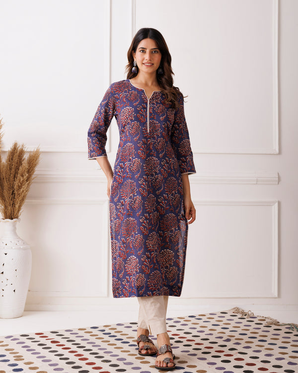 Indigo Handblock Printed Rust Floral Cotton Kurti