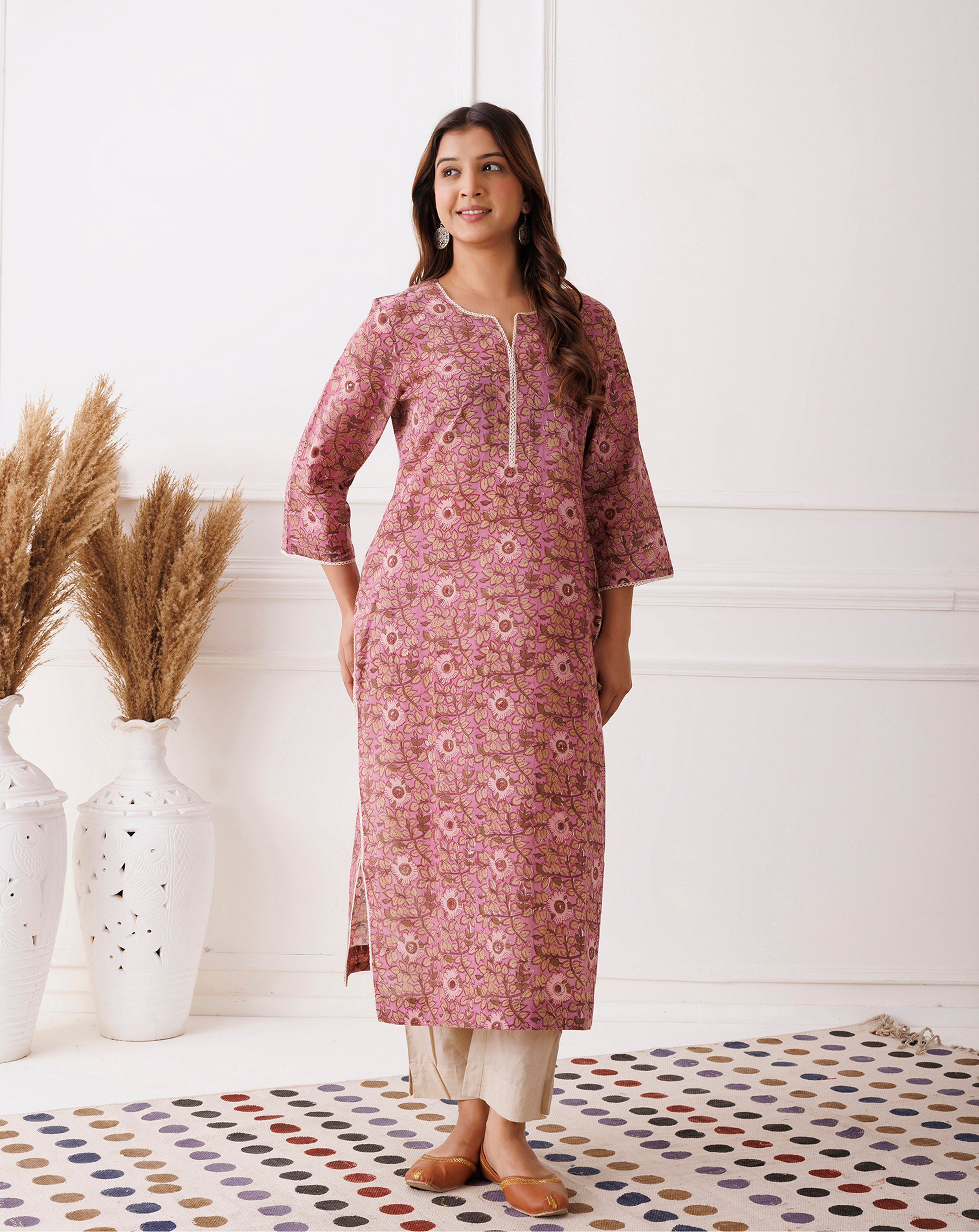 Purple Floral Handblock Printed Cotton Kurti