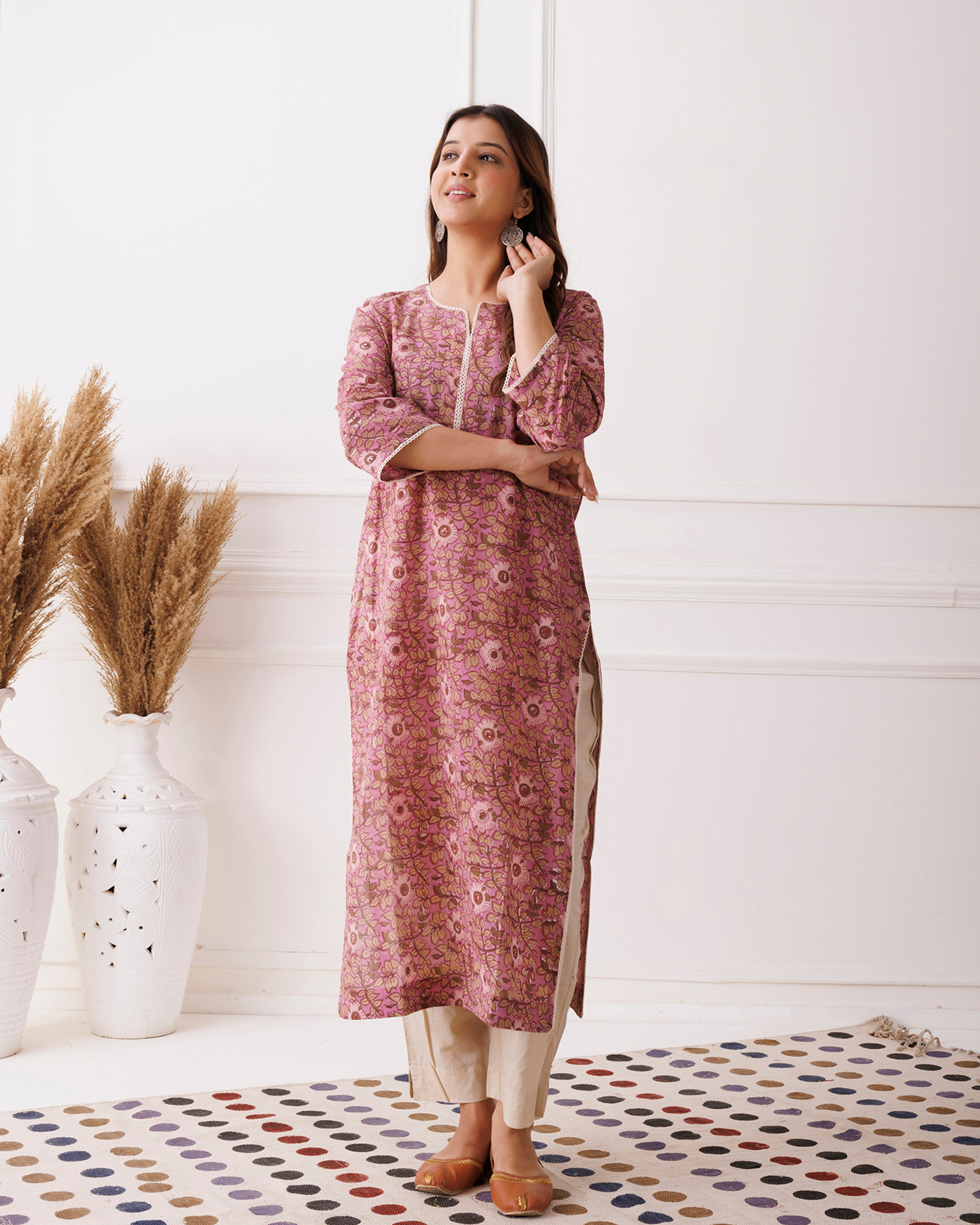 Purple Floral Handblock Printed Cotton Kurti