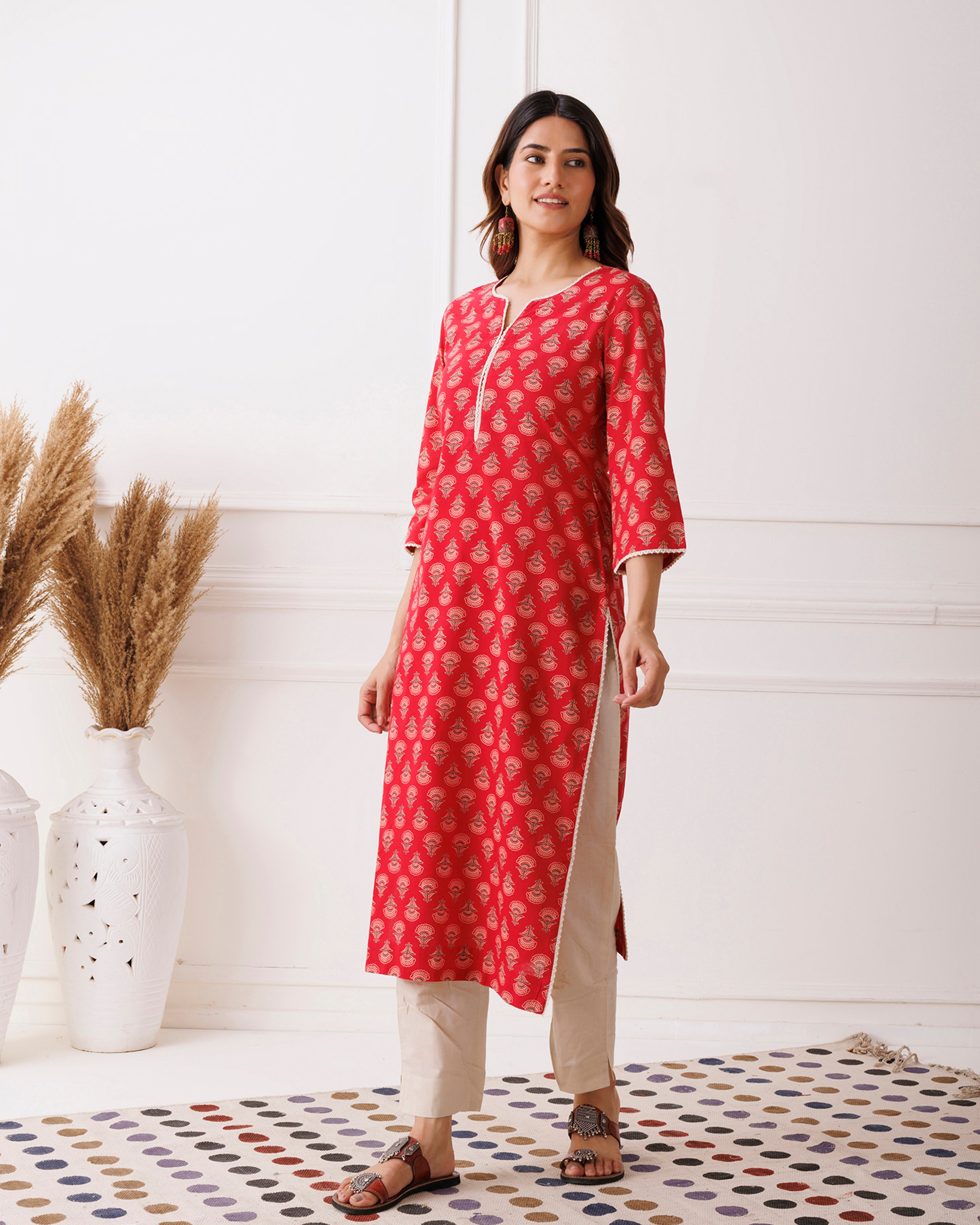 Red Traditional Handblock Printed Cotton Kurti