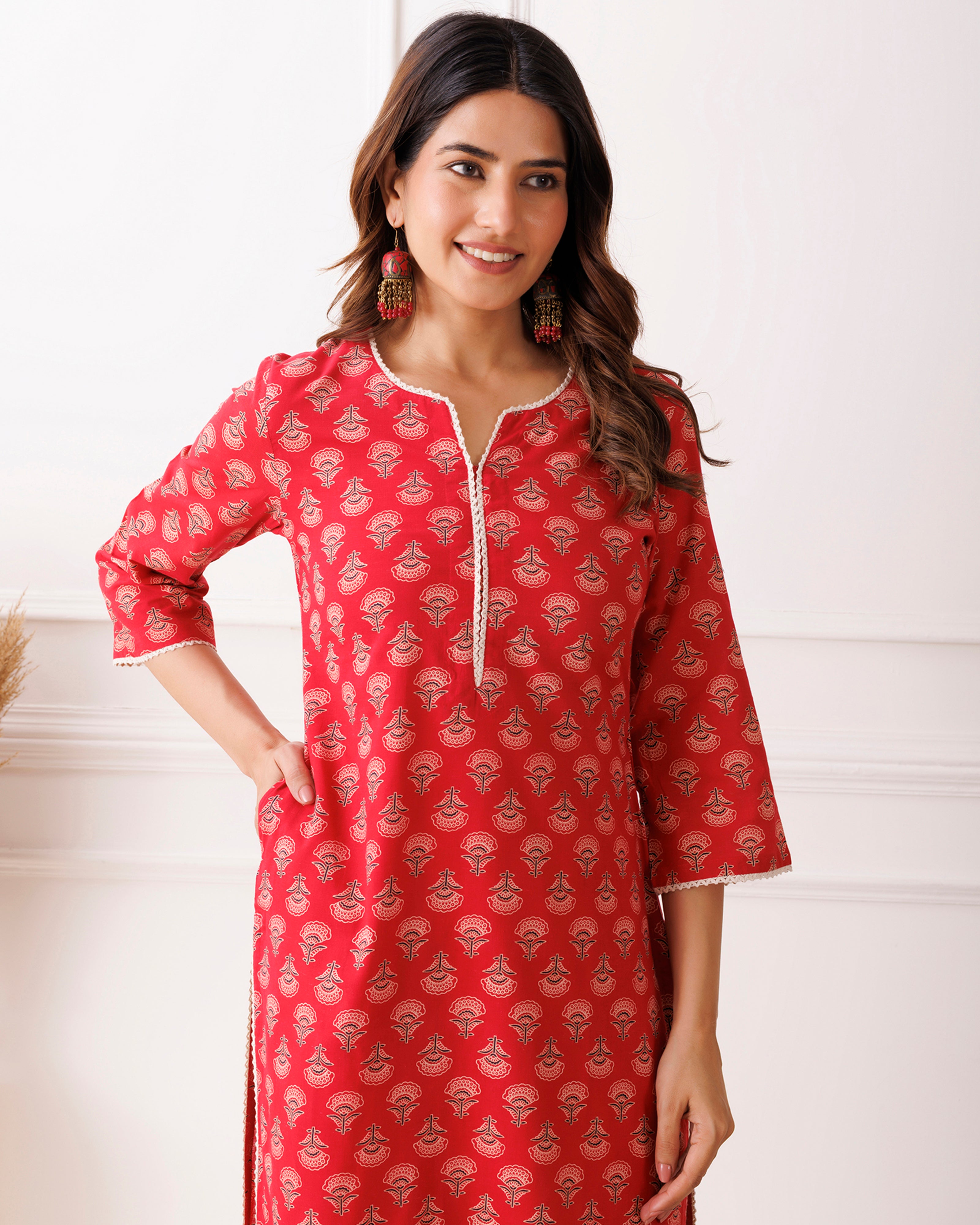 Red Traditional Handblock Printed Cotton Kurti
